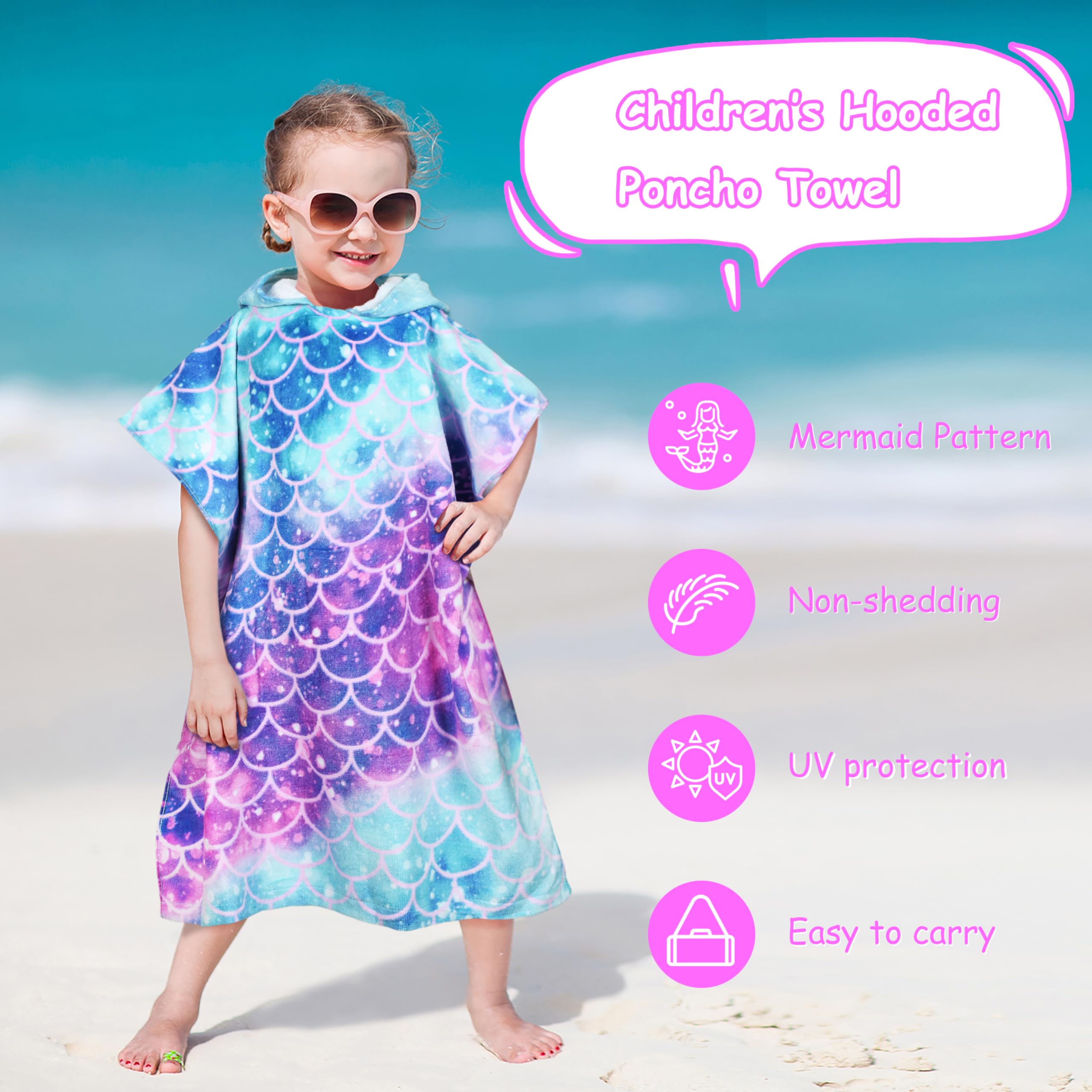 Catalonia Toalla de baño con capucha de sirena para niñas de 2 a 6 años, 100 % algodón, toalla absorbente para niños, poncho de toalla para cambiar de baño, a prueba de arena
