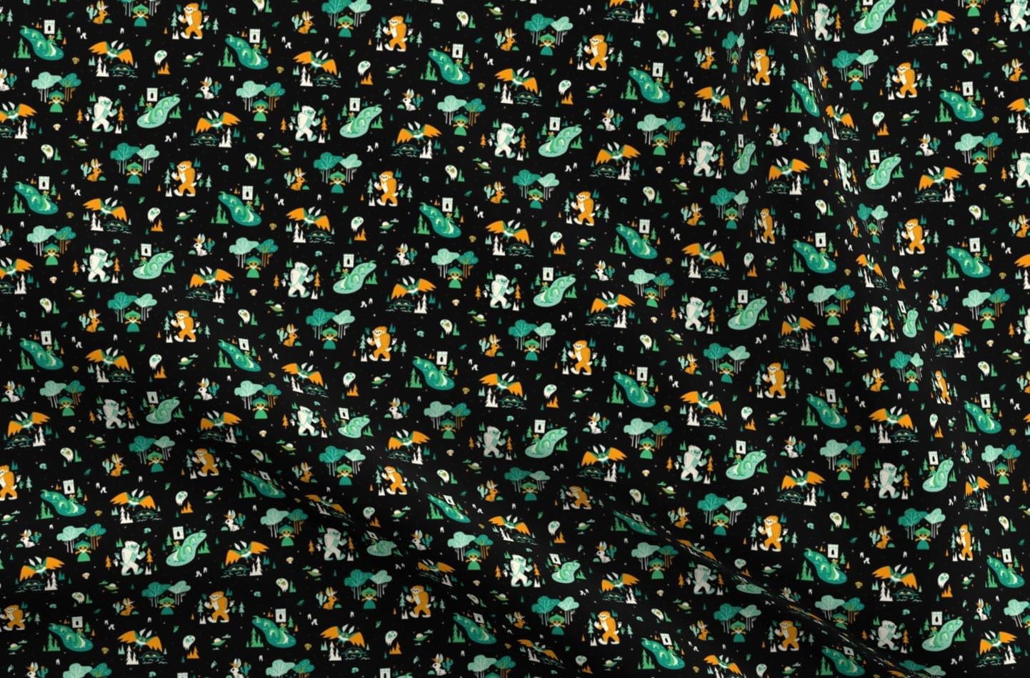 Spoonflower Fabric - Small Scale Monsters Cute Cryptids Bigfoot Mothman Nessie Haunted Yeti Printed on Organic Cotton Sateen Fabric by The Yard - Sewing Quilting Apparel Home Decor