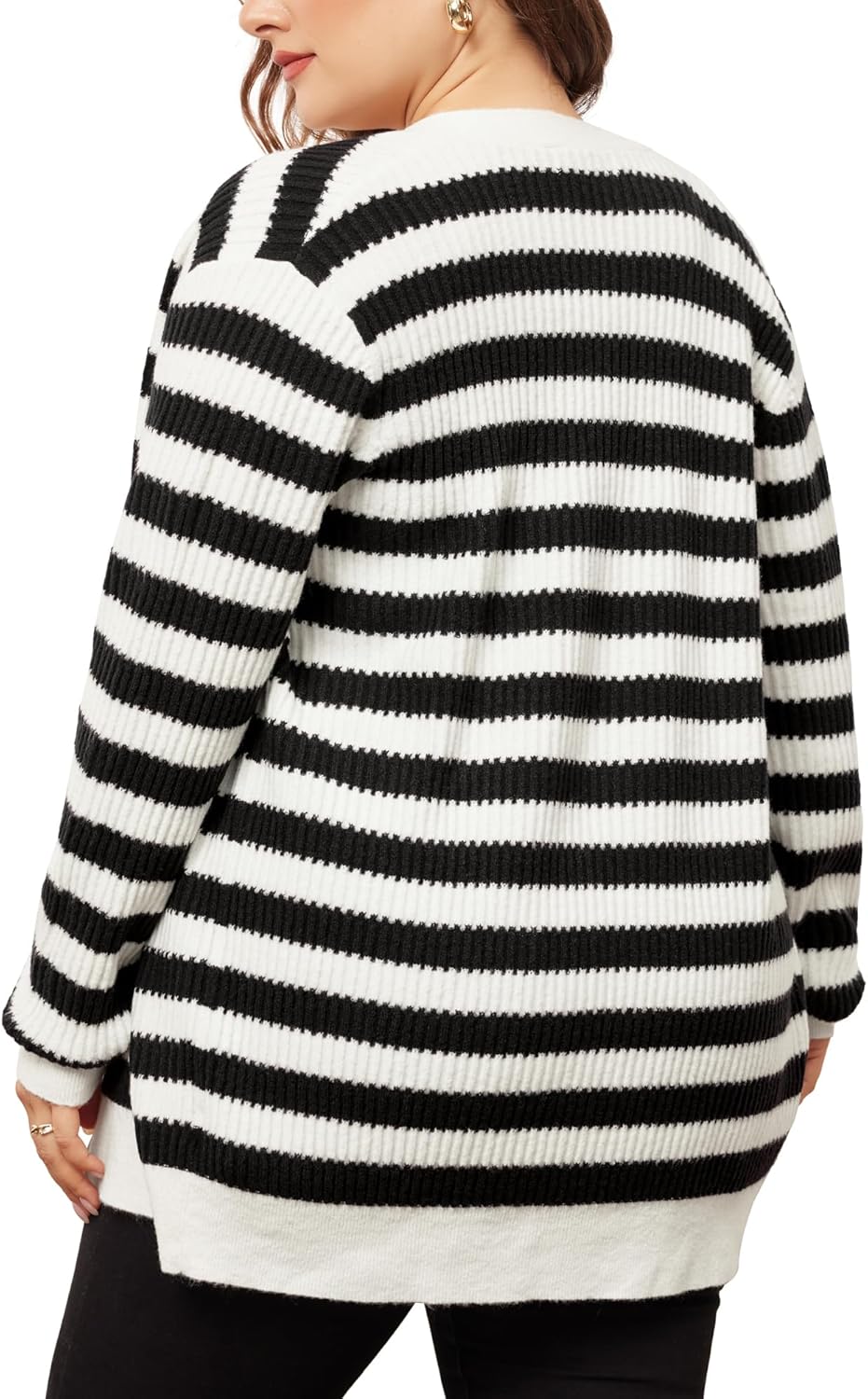 Agnes Orinda Plus Size Cardigan Sweater for Women Button Down Open Front Long Sleeve Striped Knit Cardigans Coat Winter - Image 4