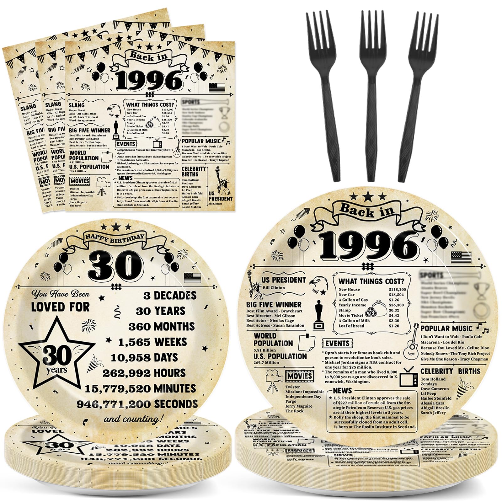 CHUNNIN 96Pcs 30th Birthday Plates and Napkins