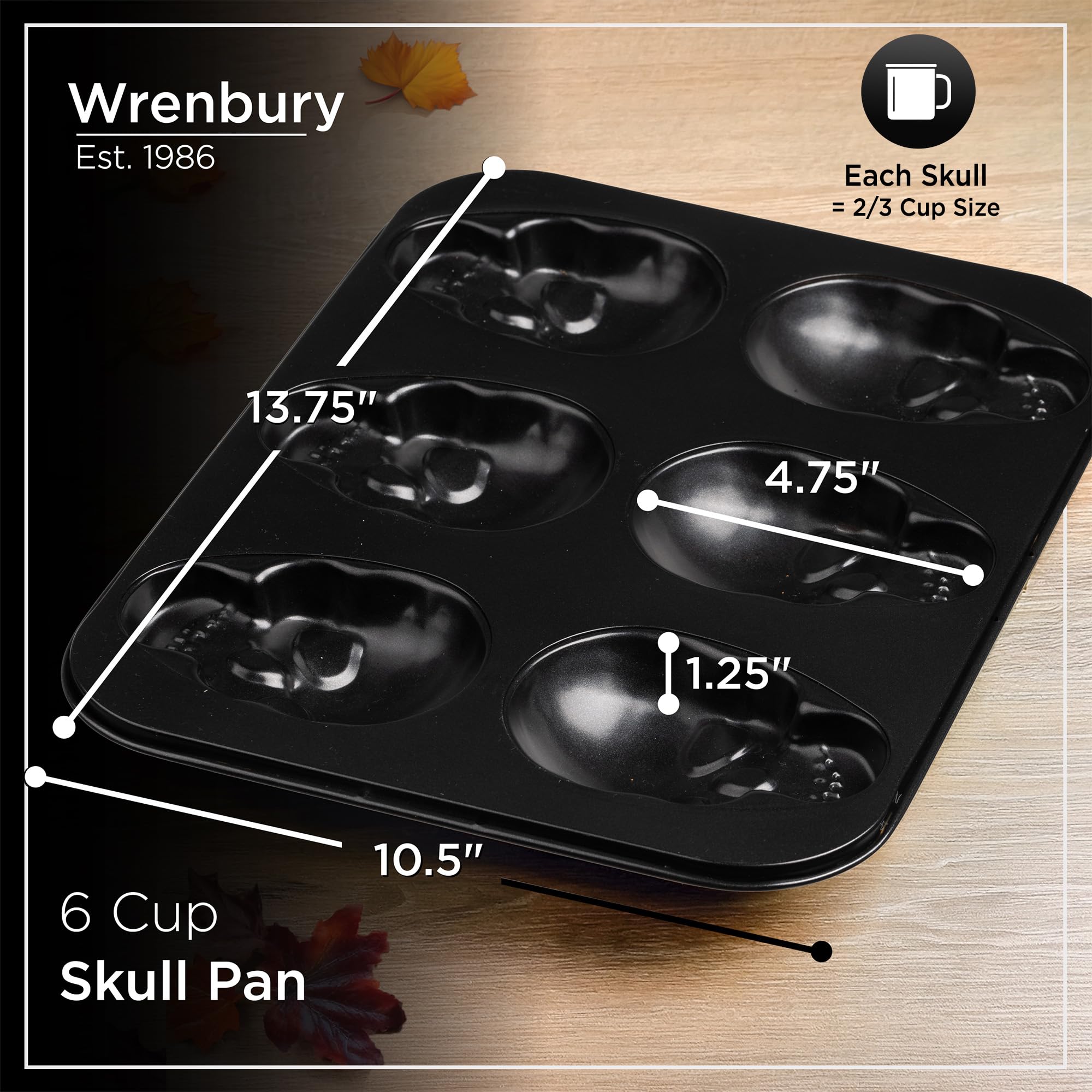 Wrenbury Große Totenkopf-Kuchenform – antihaftbeschichtet, für 6 Halloween-Backformen | Für kräftige, gruselige Backwaren, langlebiger Karbonstahl, lebensmittelecht, 12 cm große Tasse