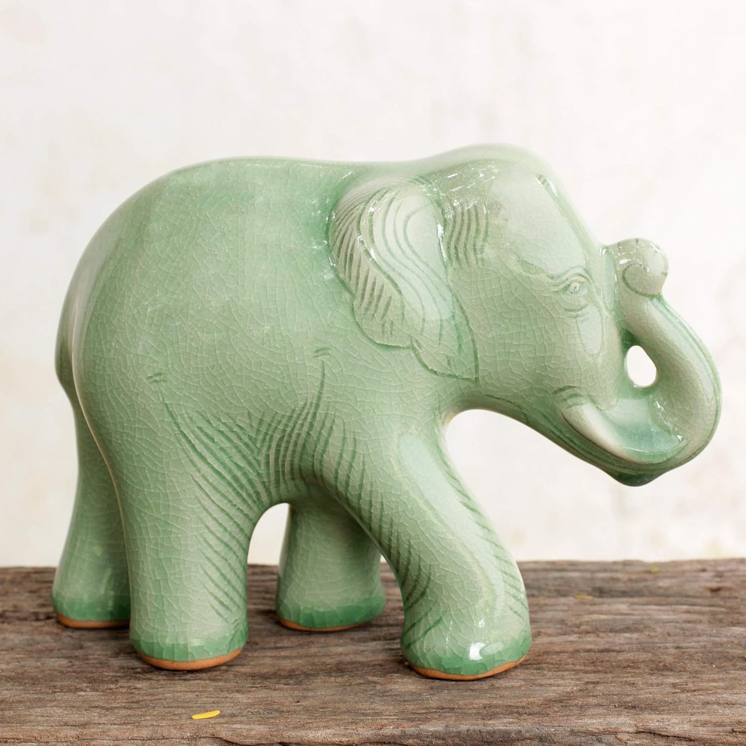 NOVICA Smiling Elephant Celadon Ceramic Figurine
