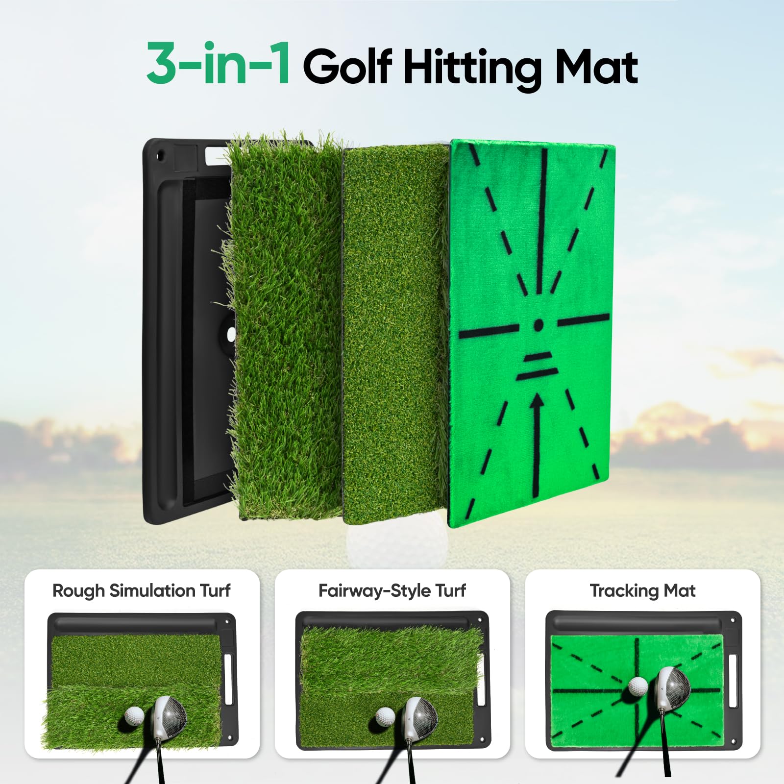 Golf Abschlagmatte, 38.5x24.5cm Golf Übungsmatte mit Dual-Turf (35mm Rough & 10mm Fairway), Schwungbahn-Feedback, Komplettes Trainingsmatte Set inkl. 8 Bällen + 7 Tees, für Indoor/Outdoor