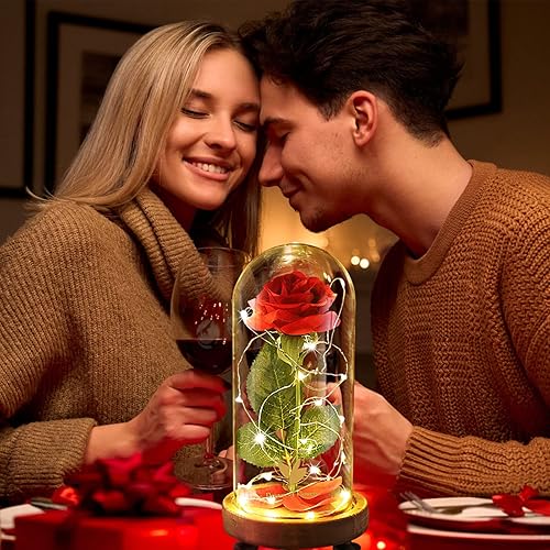 Miniatura 7 de Regalos de cumpleaños para mujer, rosa de la Bella y la Bestia en cúpula de cristal, rosa de seda con luces, regalo para mamá, regalos románticos