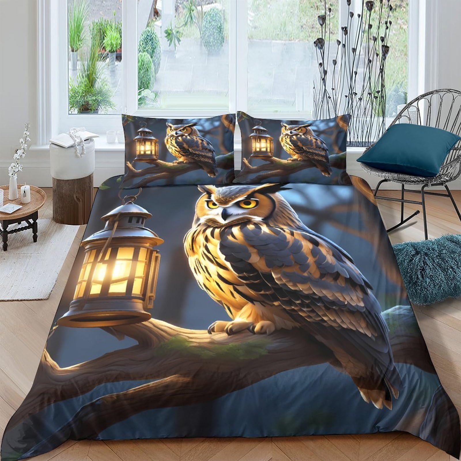 Ctjqhvkz Style-6 3D Printed Owl With Lantern Fitted Sheet Microfiber Soft Brown Blue Forest Bed Cover For Bedroom Guestroom Decoration Single（135X200cm）