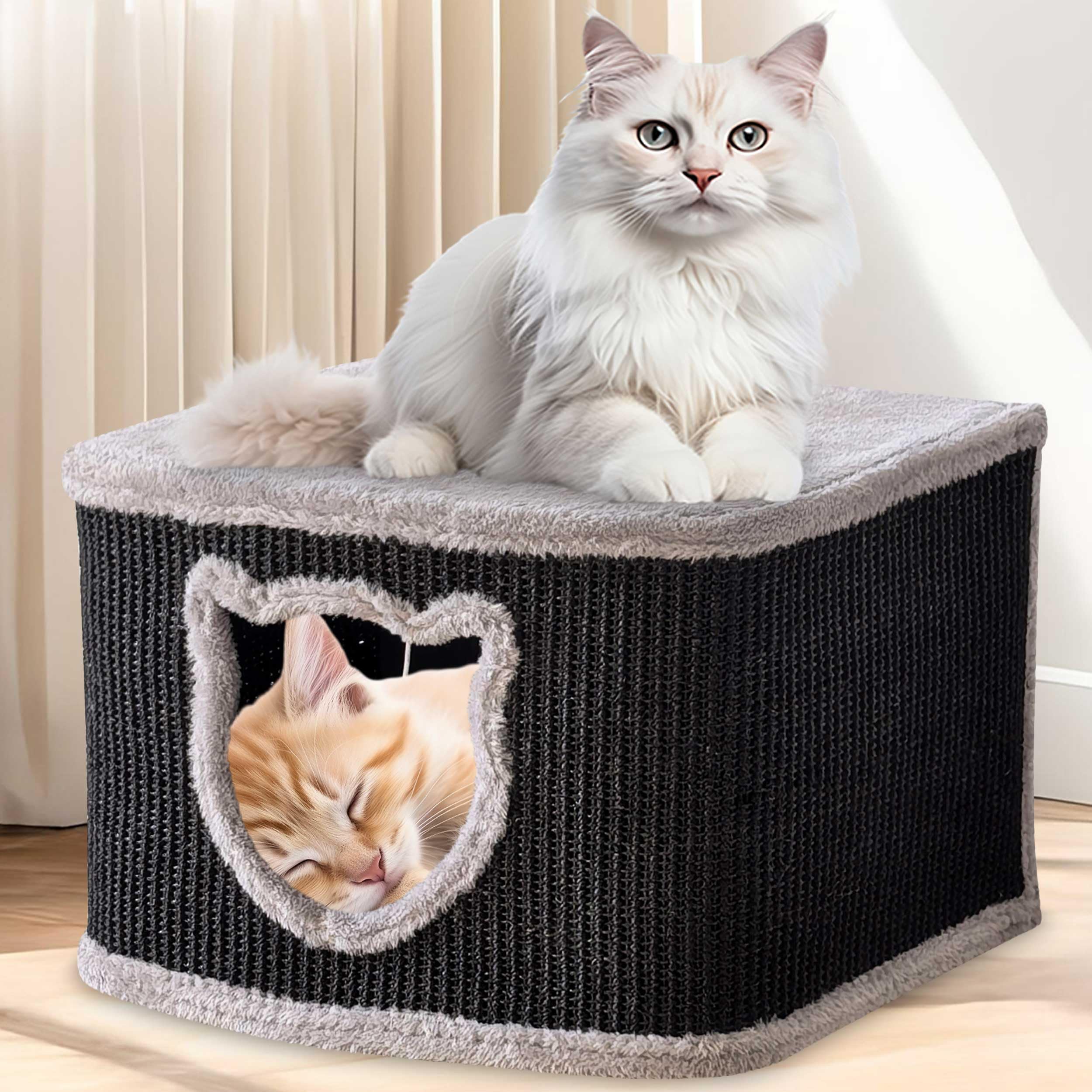 zooprinz Premium Katzenhaus – Katzenkorb für Katze – mit dicken Sisal Wänden an der Katzenbox – Höhle mit weichem Plüsch und Spielball – Katzenkiste im skandinavischen Look (Schwarz)
