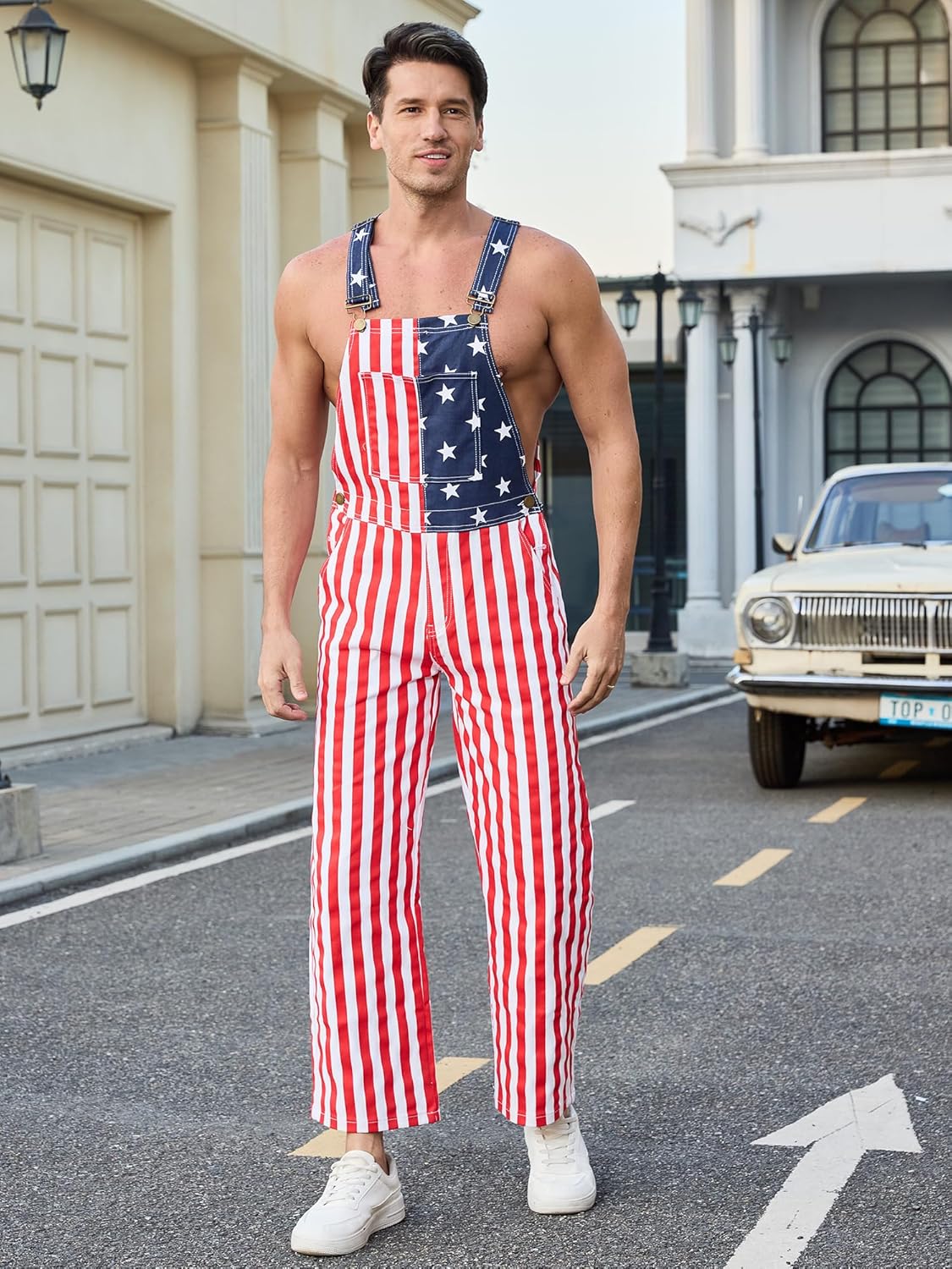 Men's Patriotic American Flag Overalls with Zipper Denim Adjustable Straps Bib Coveralls 4th of July Jumpsuit
