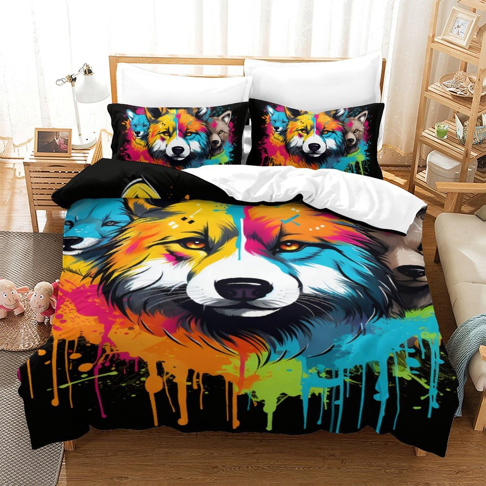 Parure de lit loup avec housse de couette 3 pièces respirante douce