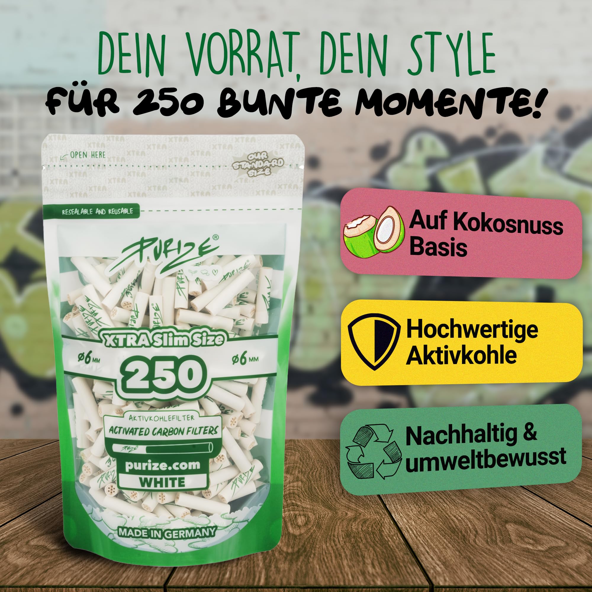PURIZE® Beutel | 250 Xtra Slim Size Aktivkohlefilter Weiß