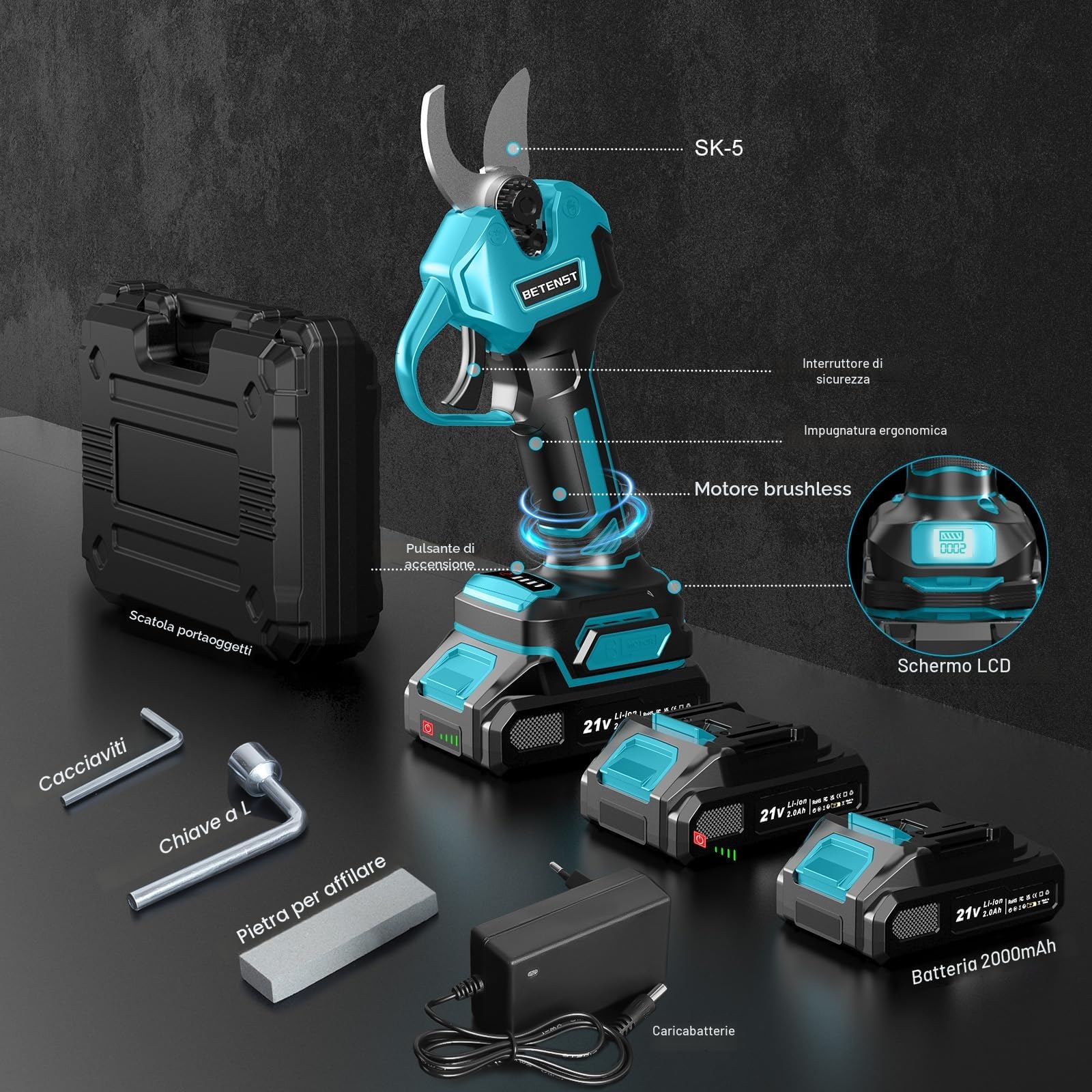 Forbici Potatura a Batteria Brushless, BETENST Forbici Elettriche con 2 Batterie 2.0Ah, Lama SK5, Schermo LCD Cesoie a Batterie, Pietra per affilare per Frutteti, Paesaggistica e Giardinaggio