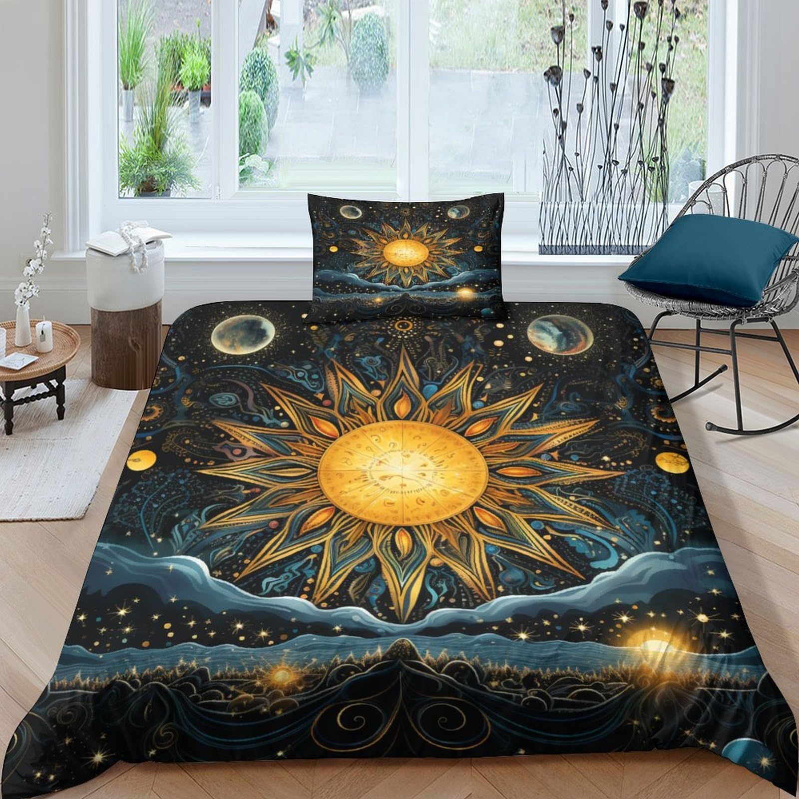 Crjus Style-7 Bohemian Sun Duvet Cover Bedding Set, 3D Duvet Cover With Pillowcases, For Soft Microfiber Quilt Cover With Zipper Closure 2 Piece Set Single（135X200cm）