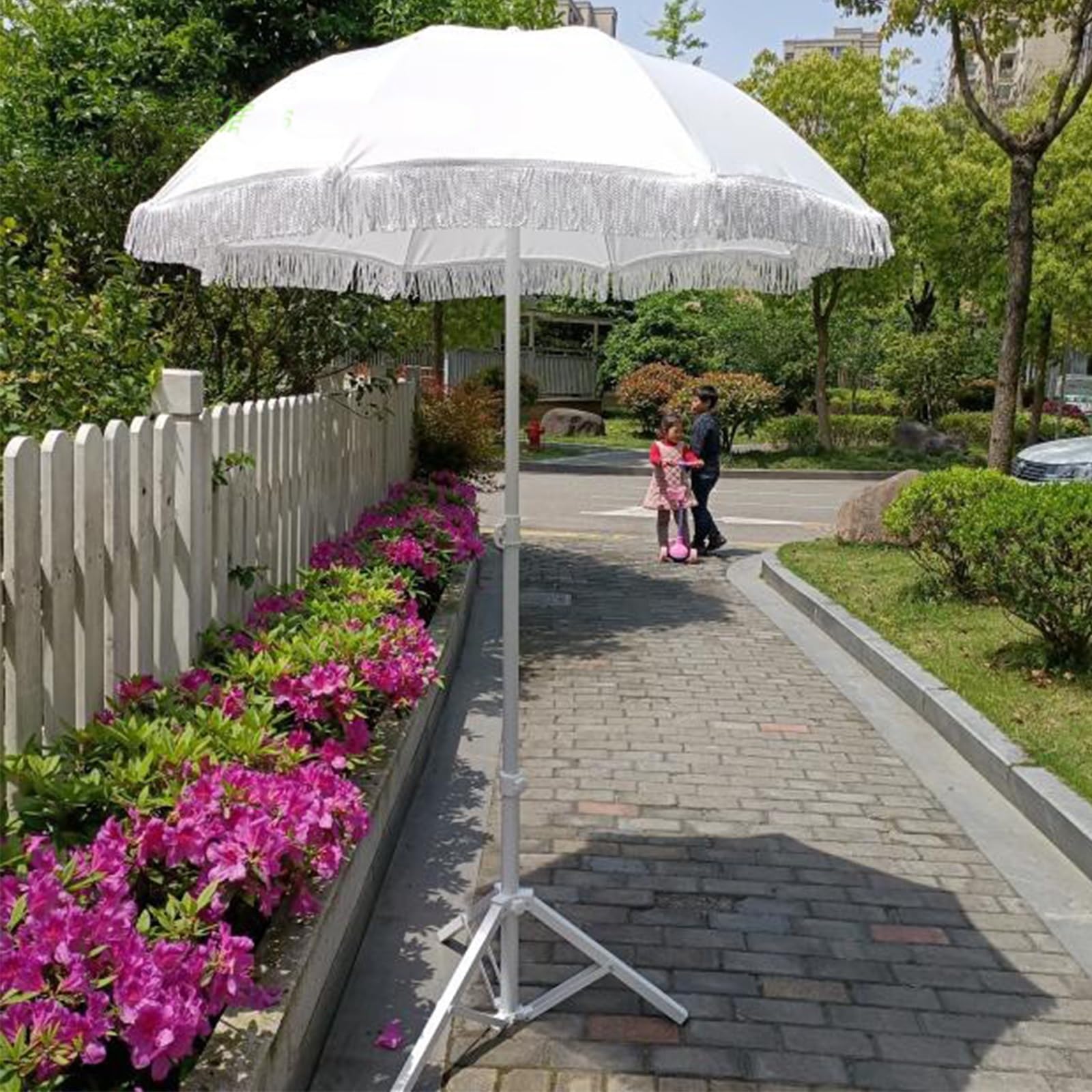 Frange Parasol Plage Blanc Parasol De Jardin Extérieur 140cm Parasol De Terrasse Inclinable Parasol De Plage Anti UV50+ Parasol Balcon 8 Côtes Portable Parasol De Marché