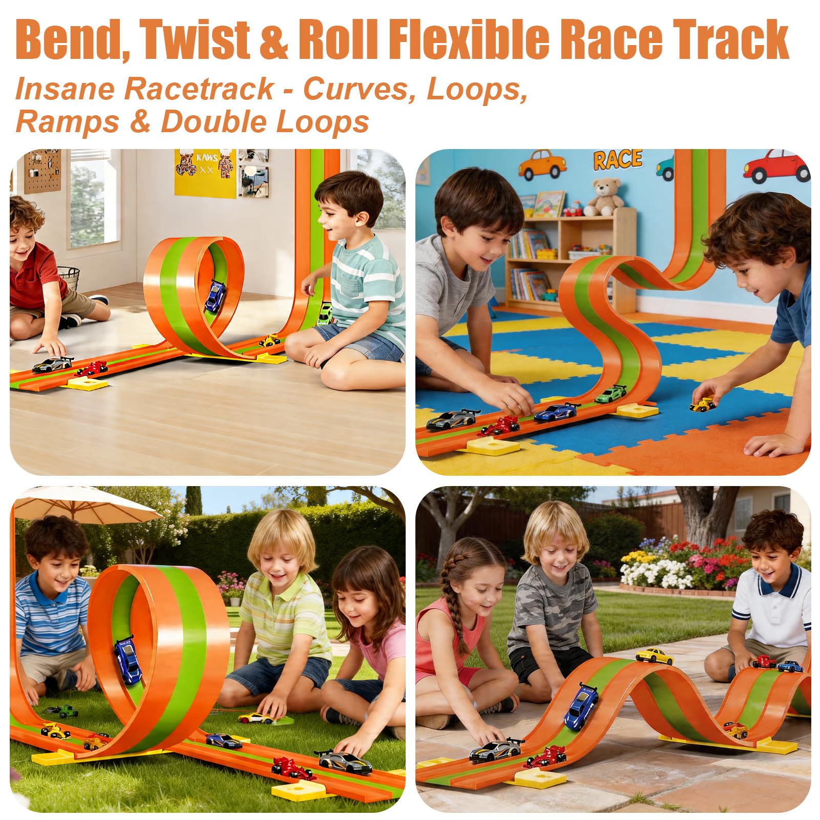 Car Racing Track for Children 5 m, Racing Track Car Toy with 6 Cars, Color box, Racing Track Children with Ramp Catapult, Portable Toy, Three-Track Car Racing Track from 3 Years