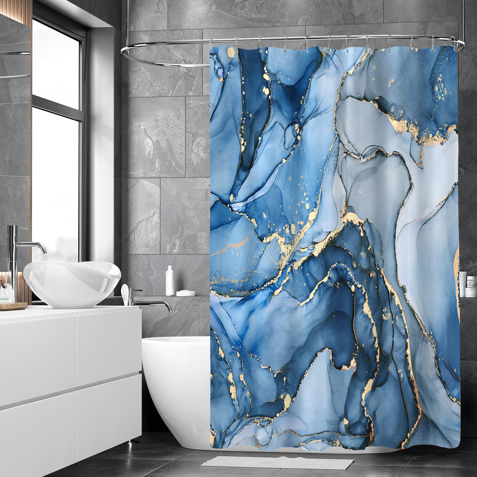 BayNook Blue Marble Shower Curtain, Modern Abstract Fabric Shower Curtain for Bathroom, Luxury Art Decor Blue Gold Ink Texture Watercolor Shower Curtain Set with Hooks 72x72