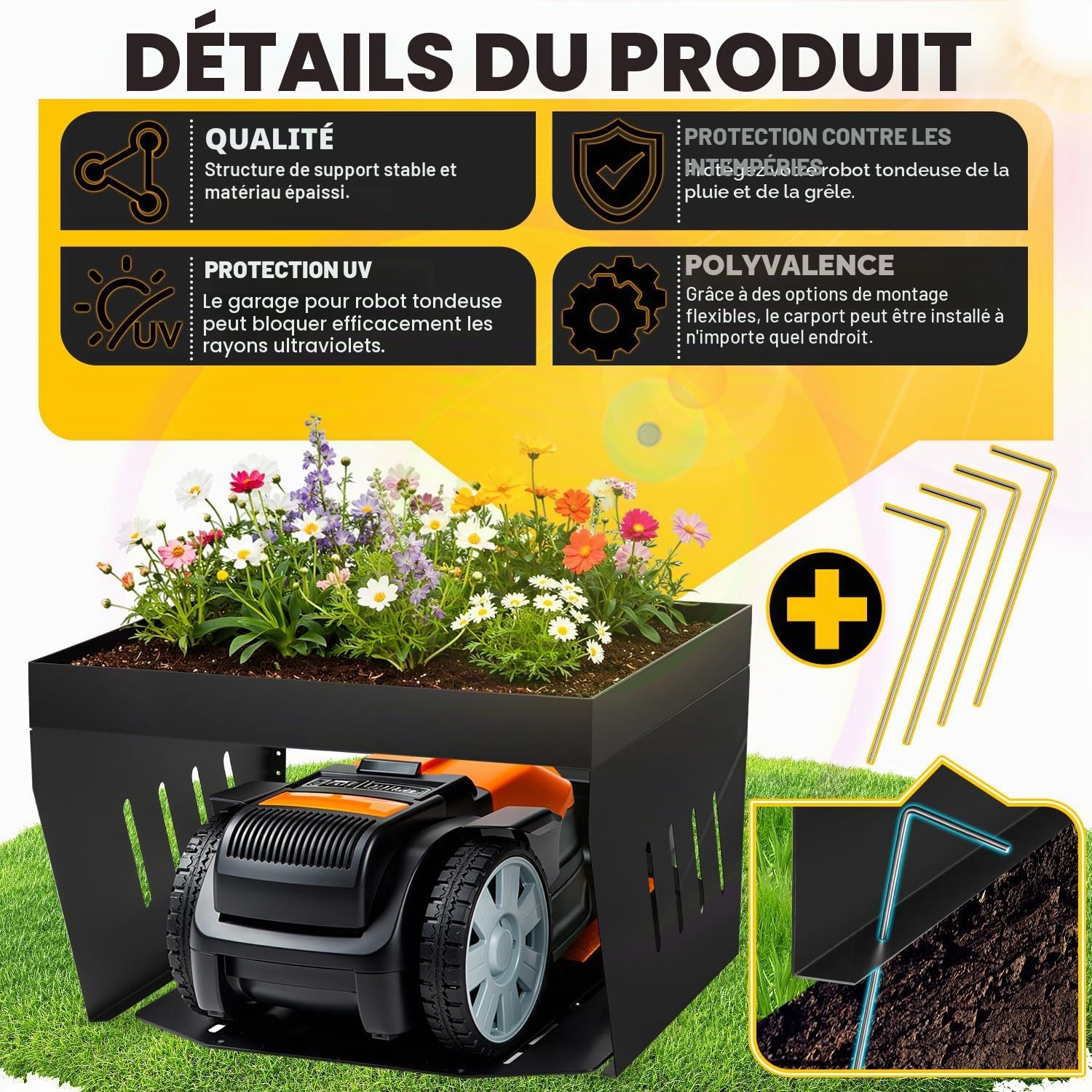 garage pour robot tondeuse, Garage pour robot tondeuse avec jardinière, Garage pour robot tondeuse résistant au vent et aux intempéries, Protégez le robot tondeuse des rayons UV, Abri en acier