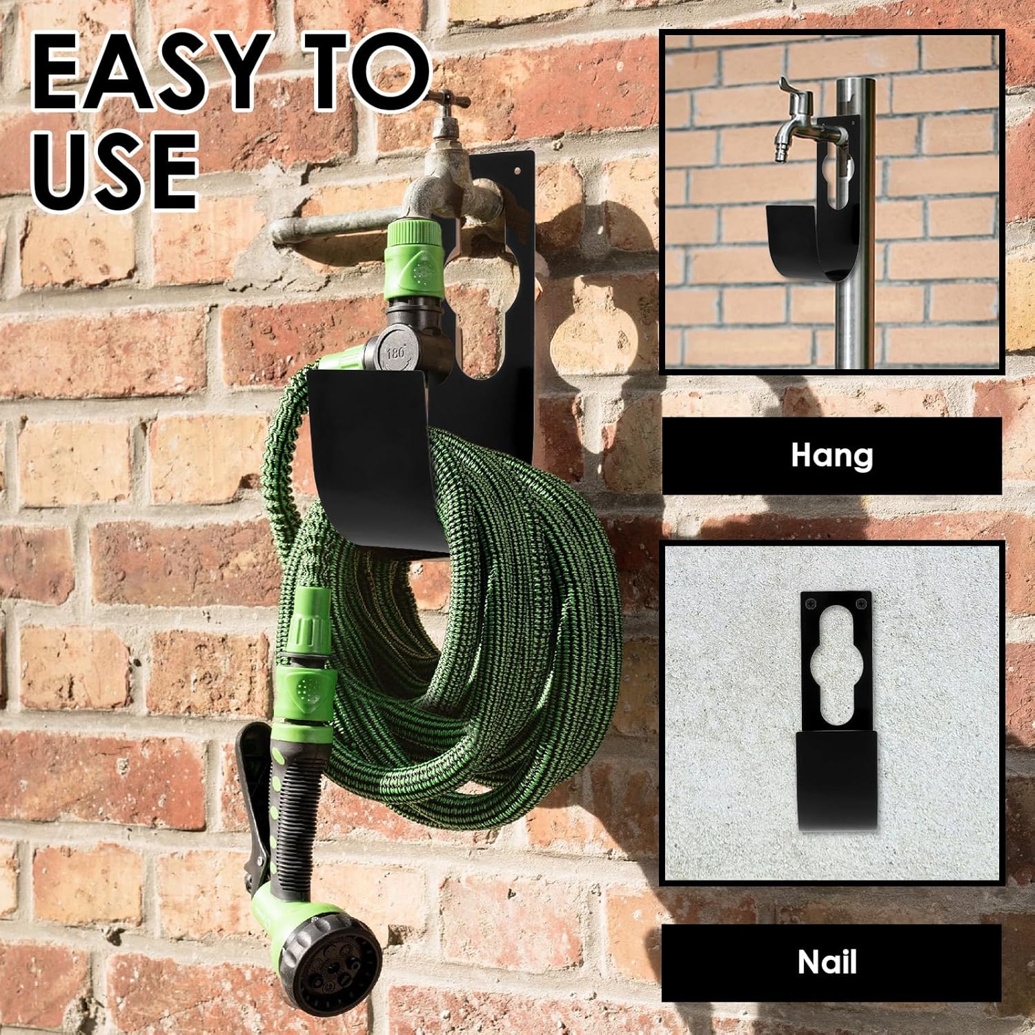 3Pcs Garden Hose Holder for Outside, Water Hose Holder Wall Mounted Carbon Steel Expandable Metal for Garage Storage
