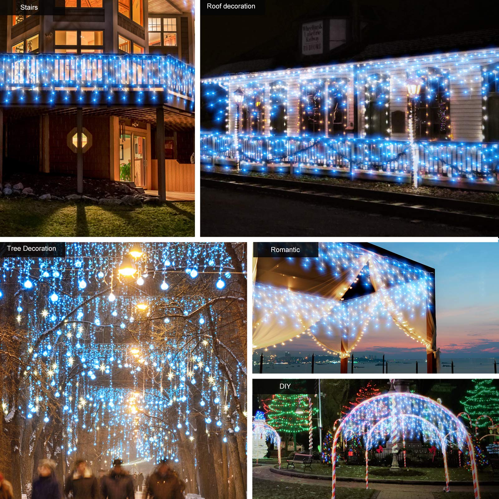 CORST Rideau Lumineux 10M 400LEDs Guirlande Lumineuse Pâques 8 Modes d'éclairage adaptateur Connectable pour Mariage Balcon Terrasse Pergola Fêtes Soirée Anniversaire (Bleu+Blanc)