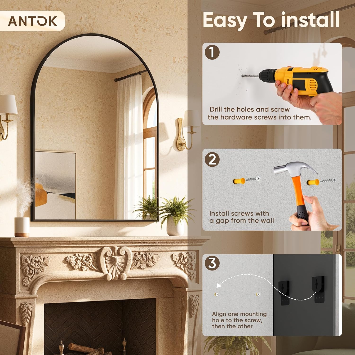 Antok Arched Bathroom Mirror, 24"x36" Wall Mounted Mirror, Vanity Mirrors for Over Sink, Aluminum Alloy Frame Bathroom Mirrors Living Room, Bedroom and Entryway, Black - Image 9