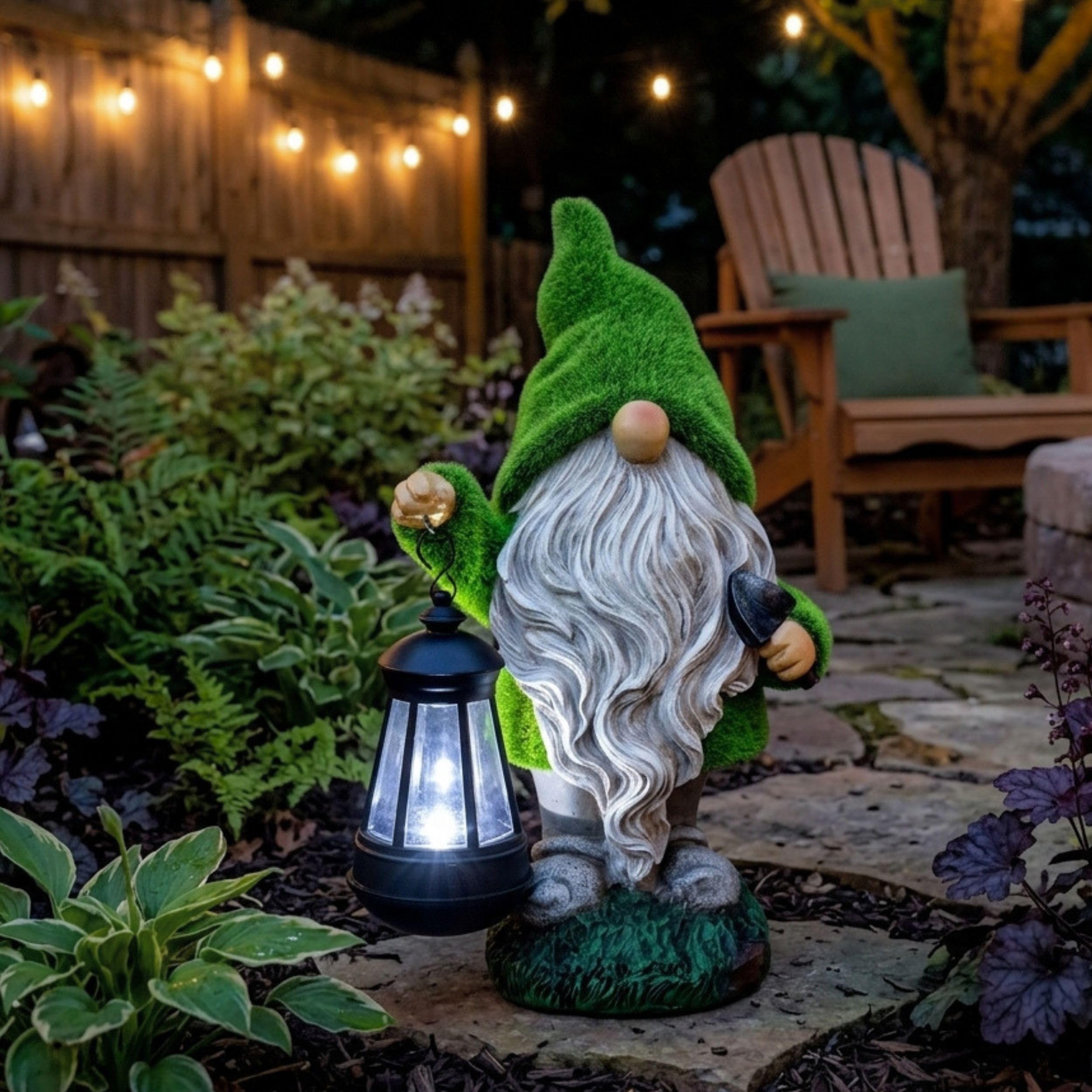 TERESA'S COLLECTIONS Lustig Gartenzwerge Gartendeko für Draußen Wetterfest Figur mit LED Solarlaterne Zwerg Gartenfiguren aus Kunstharz Gartenwichtel Gartendeko (Grün, M)