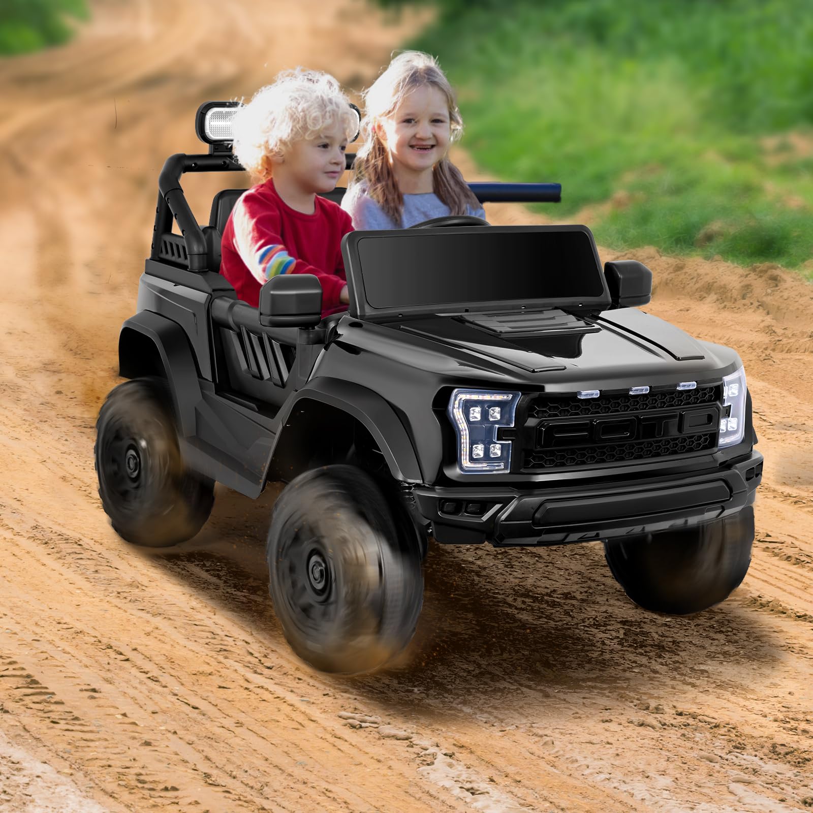 Elektroauto für Kinder, 12 V, mit Fernbedienung, 2,4 G, maximale Tragfähigkeit 50 kg, Fahrzeuge mit LED-Lichtern, Musik, Hupe, USB-Funktionen (Schwarz – Doppelsitz)
