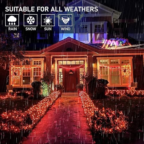 Miniatura 5 de Weillsnow Luces de Halloween naranjas, tira de luces impermeables enchufables de 66 pies, 8 modos con memoria para decoraciones de jardín