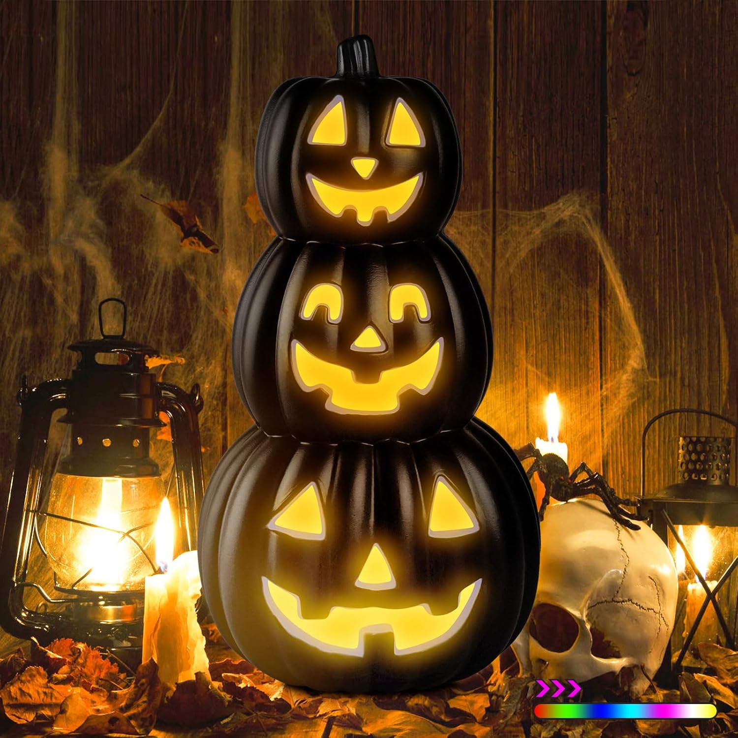 lanpn 3 stacked halloween pumpkin lanterns light decor, 7 color cycle led light jack o lantern classic plastic vintage pumpkin for indoor outdoor festival party decoration (orange, 16.9"x9") stacked pumpkin (black)