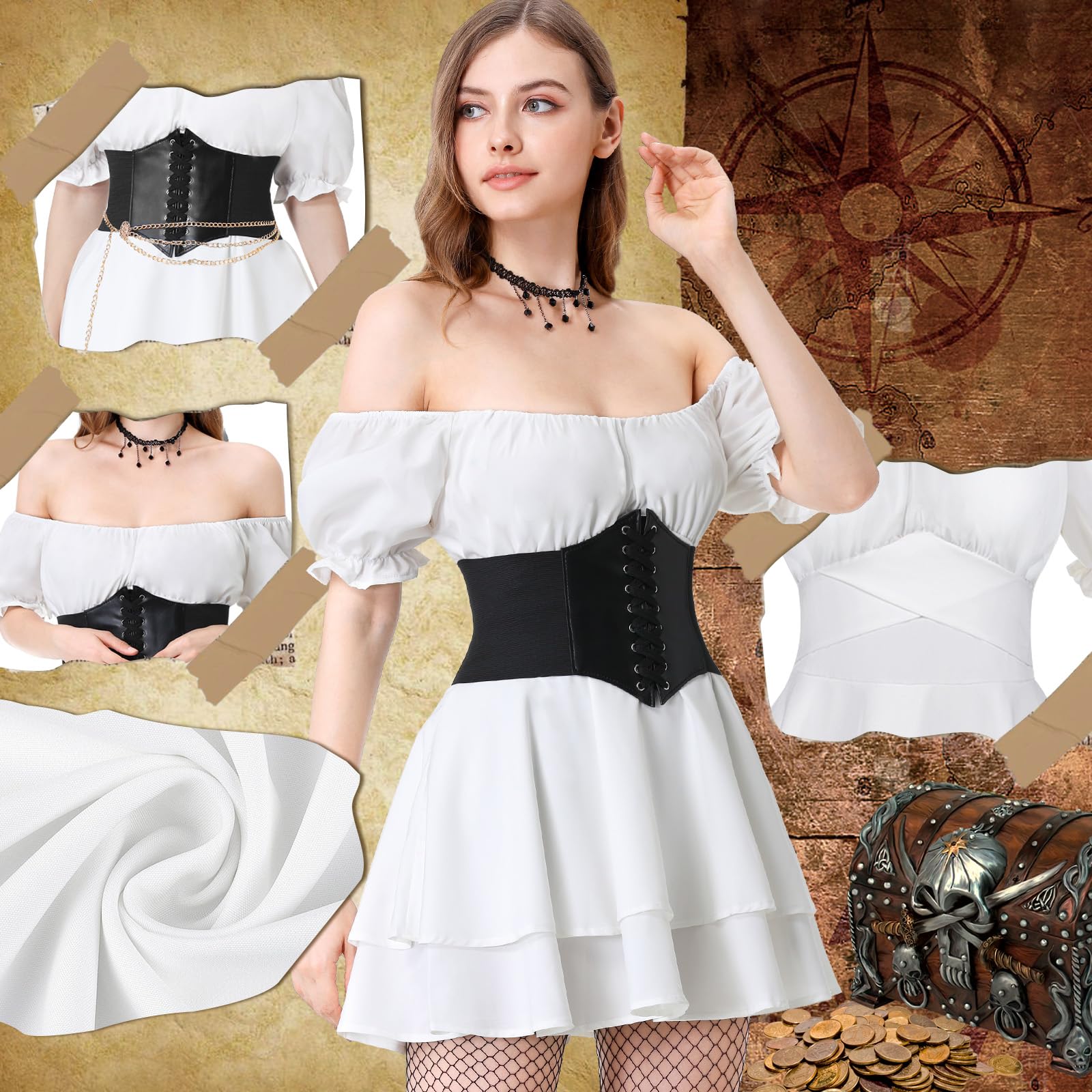 Joellfuner Vestido de Pirata, Costume Victoriano Renacentista Medievales, Disfraz Pirata Mujer con Cinturones, Cadenas de Cintura, Collares y Medias para Carnaval Halloween (Manga corta, S)