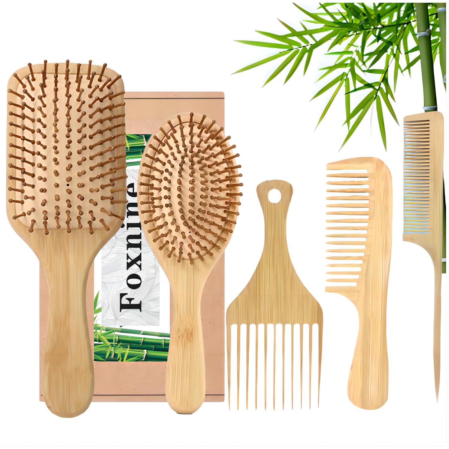 Foxnine 5 PCS Bamboo Hair Brush Set Natural Bamboo Comb