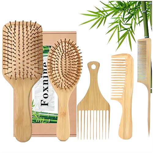 Foxnine Juego de 5 cepillos de bambú para el cabello, peine de bambú natural para mujeres, hombres, niños y bebés, peine de cola, peine de dientes,