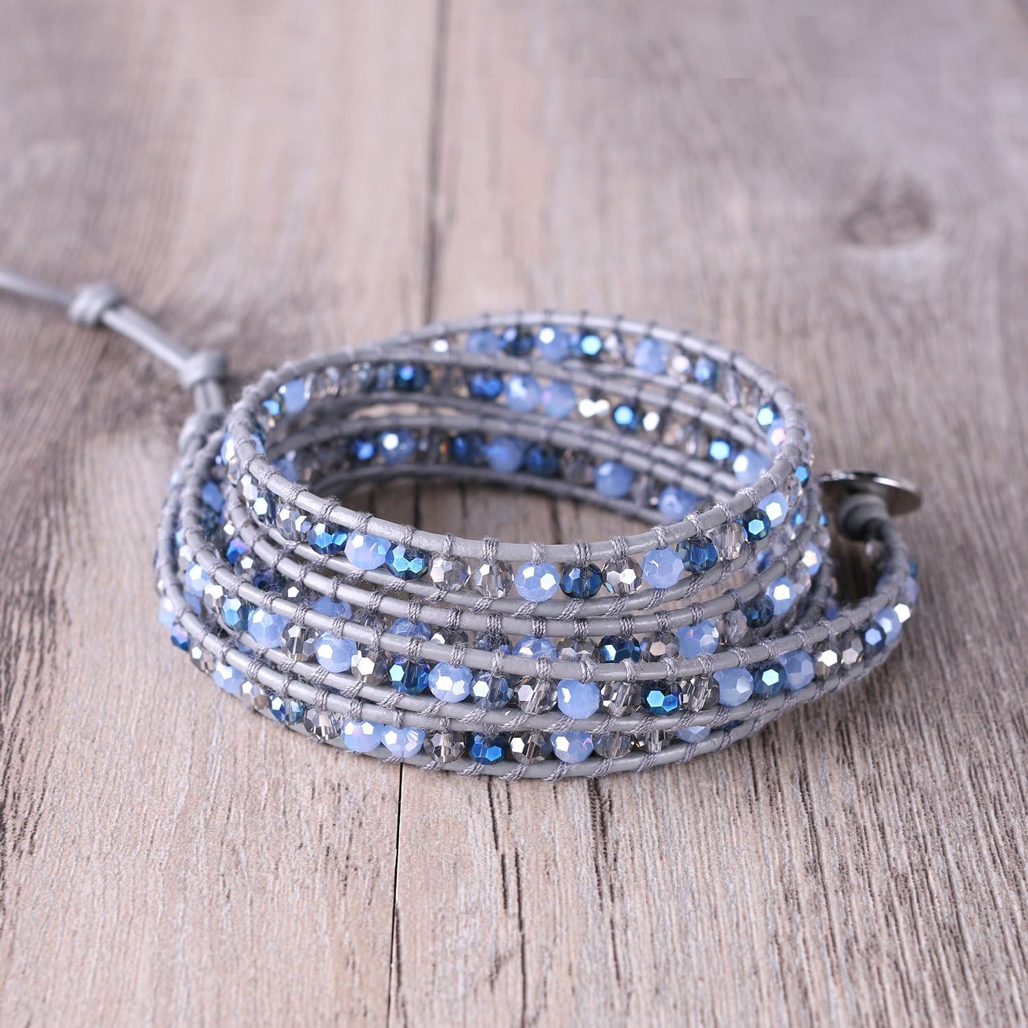 KELITCH Pearl Crystal Beads Bracelets Handmade Natural Leather 5 Wrap Bracelet for Women Classic Bangle Jewelry