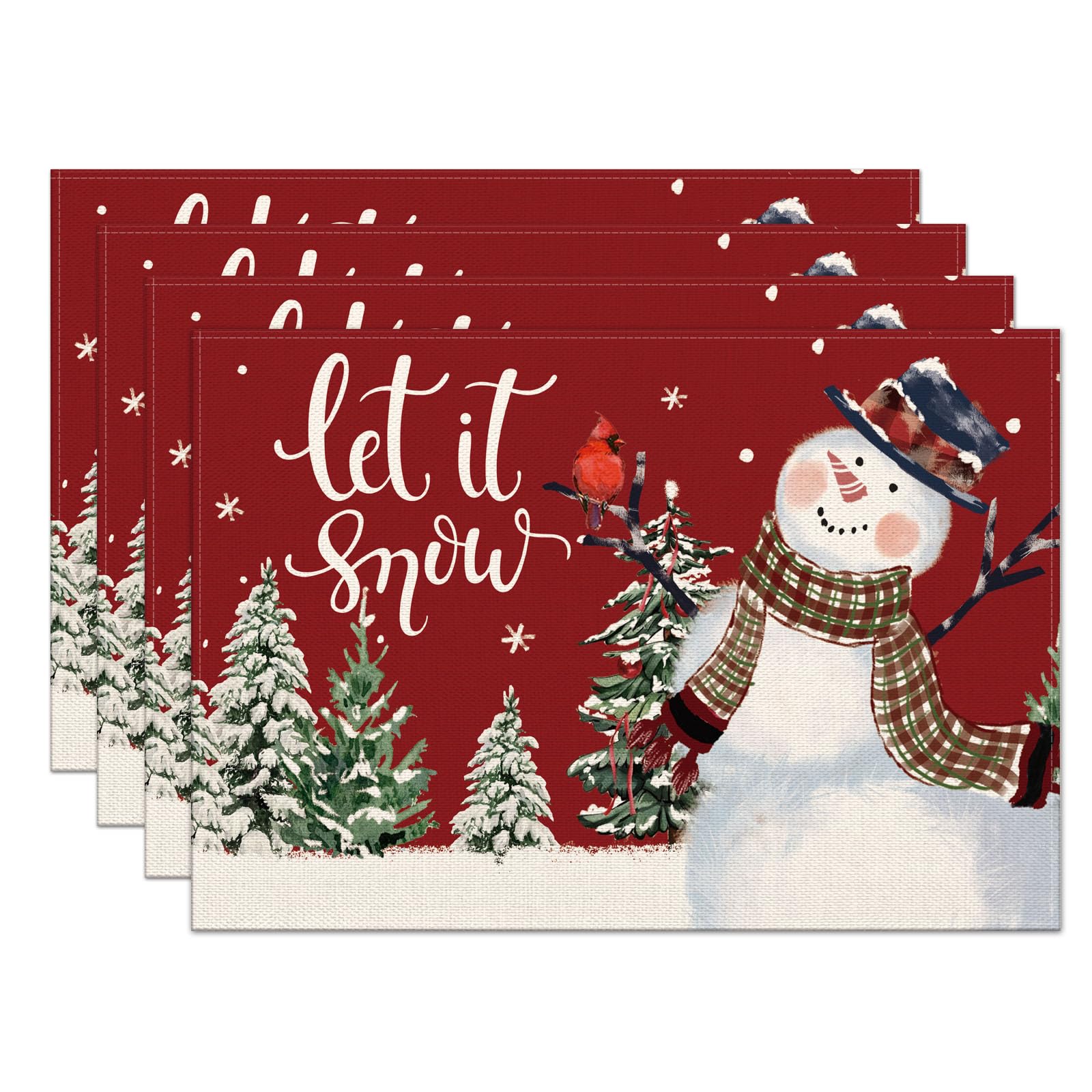 Christmas Placemats Set of 4, 12x18 Inch Red Snowman Let It Snow Table Mats, Seasonal Winter 24Xmas Holiday Table Decors for Home Kitchen Dining Party