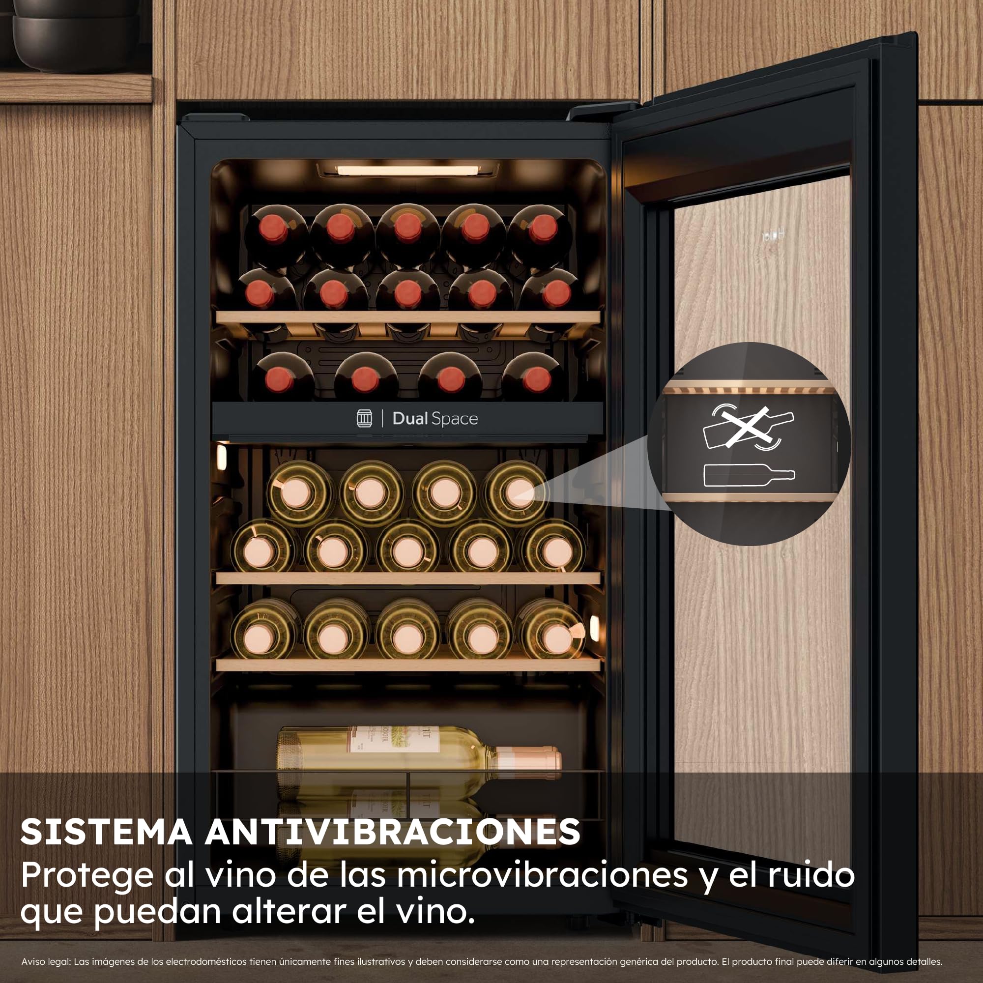 Haier Wine Bank 50 Series 5 HWS32GDG Vinoteca de 32 botellas, 2 Zonas independientes, Estantes de madera, Filtro Anti-UV, Sistema Antivibración, Display Digital, Iluminación LED, 37 dbA, Negra — view 6