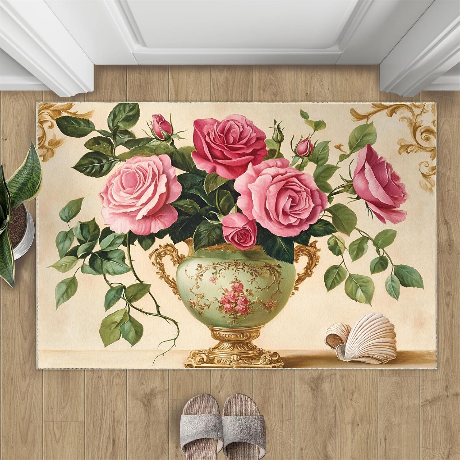 Pink Peony Living Room Rugs, Classic Floral Area Rugs 2x3 Rug Baroque Style Non-Slip Washable Rugs Stain Resistant Rug Low-Pile Throw Rug for Bedroom Dining Room Office