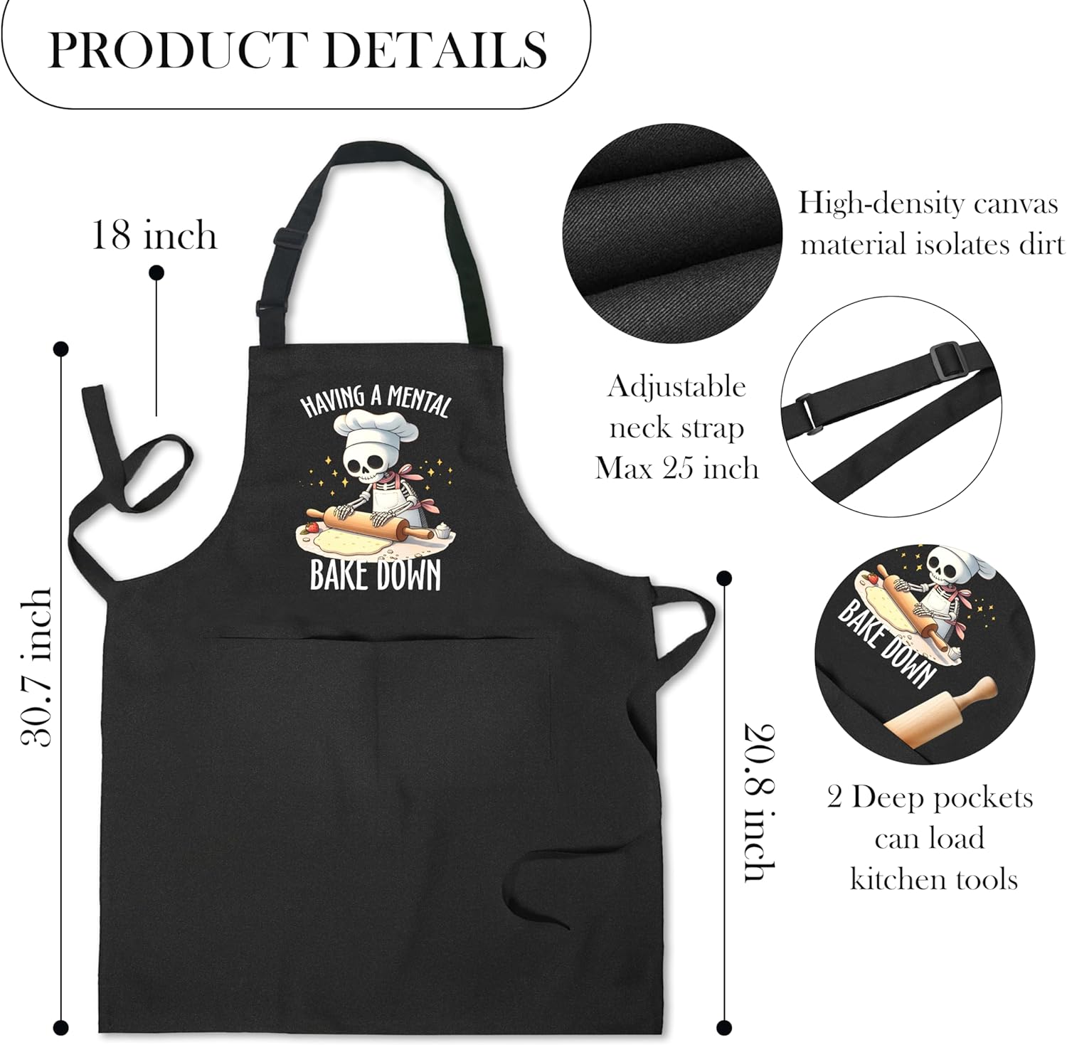 Funny Skeleton Baker Baking Apron with Pockets, Baking Lovers Bread Baker Gifts, Having a Mental Bake Down Waterproof Adjustable Cooking Apron for Kitchen Dishwashing Grilling - Image 6