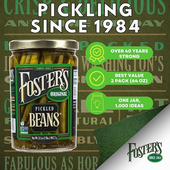 Foster's Since 1984 Pickled Green Beans in a Jar, Original, 32oz, 2 Pack | Traditional Pickled Vegetables Recipe for over 40 years, Low Calorie Snack, Gluten Free, Fat and Preservative Free Pickles