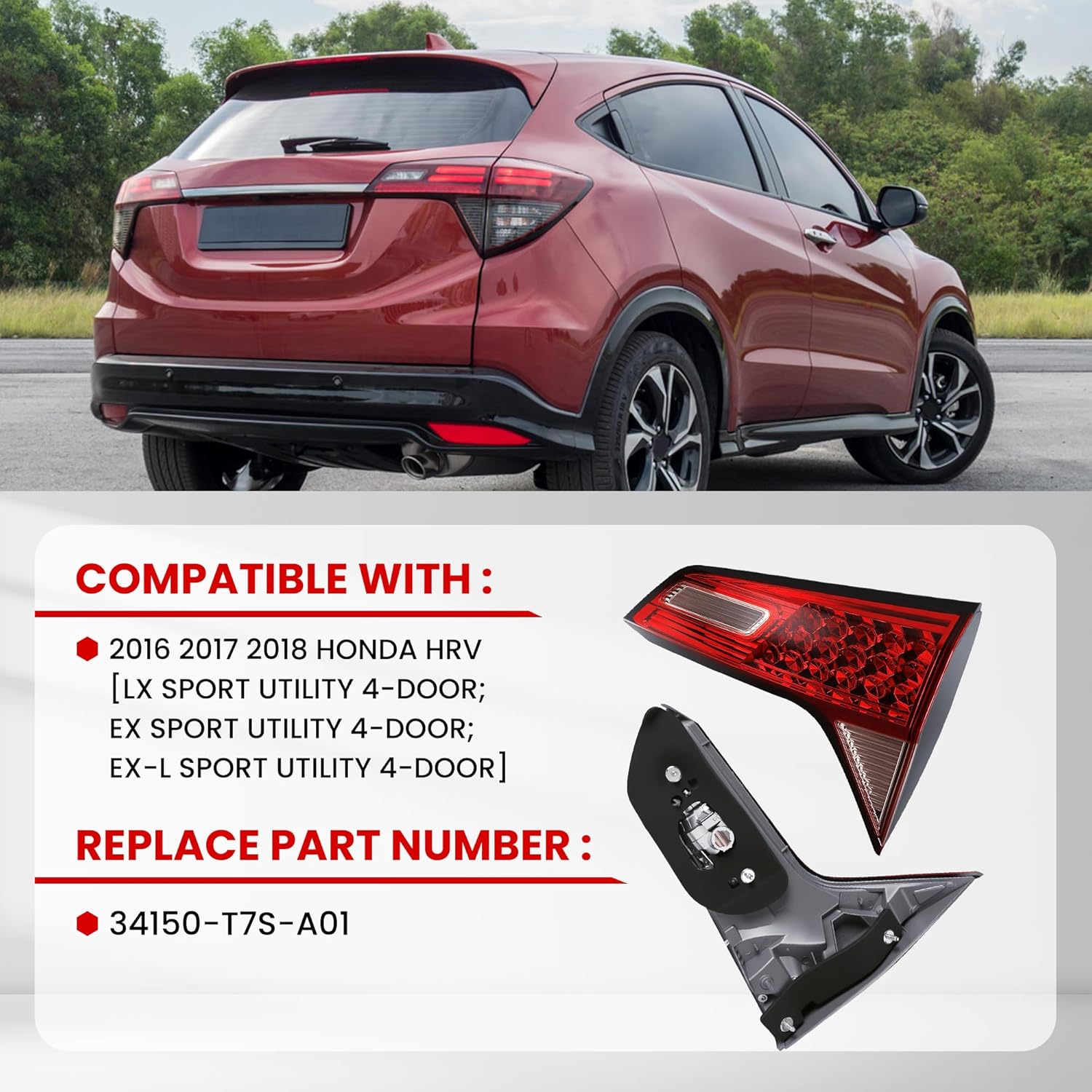 Tail Light Assembly Compatible With 2016-2018 Honda HRV Replacement for 34150-T7S-A01 Taillight Rear Lamp (Inner Right Passenger Side)