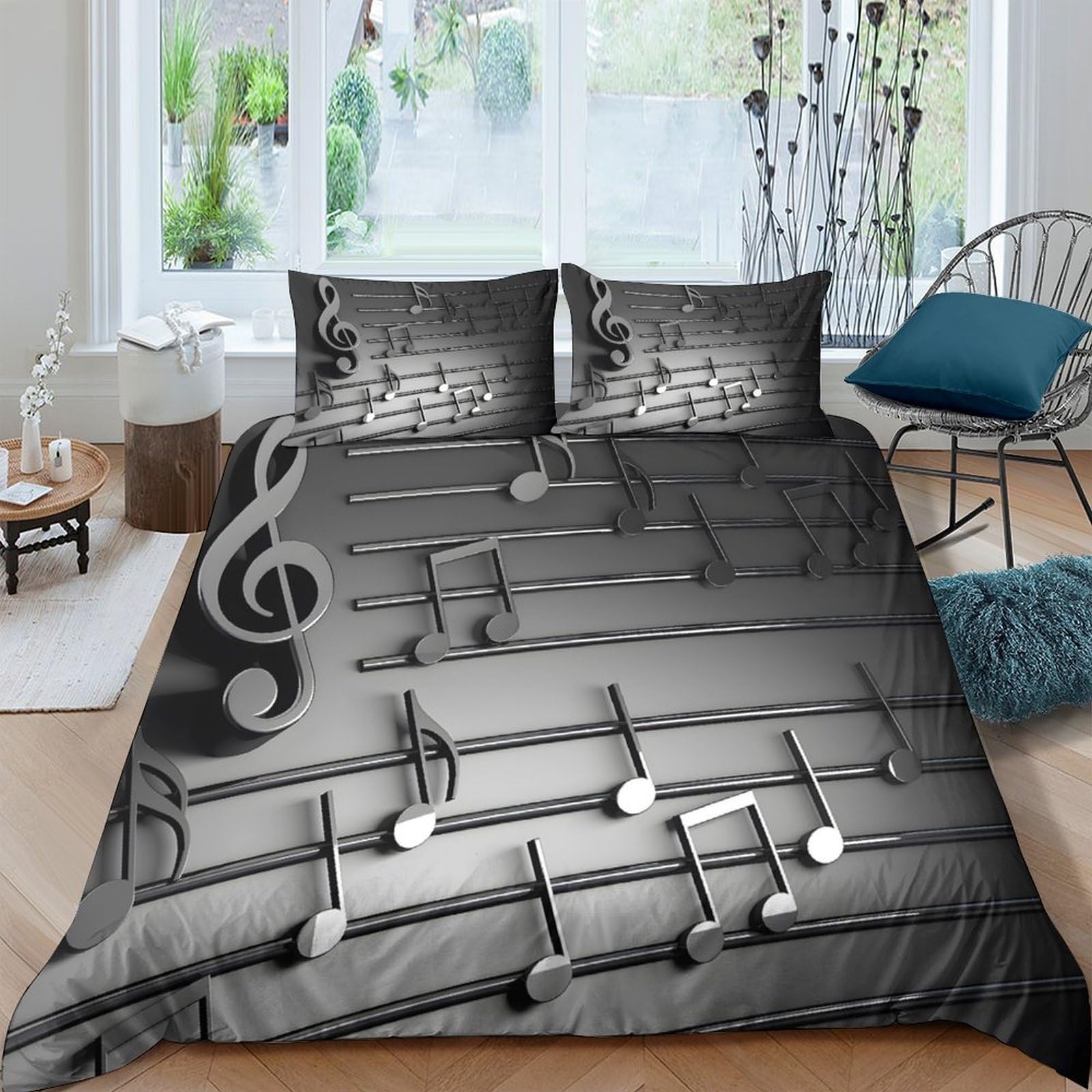 Ctjqhvkz Style-3 3D Printed Musical Notes Fitted Sheet Microfiber Soft Black White Piano Bed Cover Bedroom Decor Single（135X200cm）