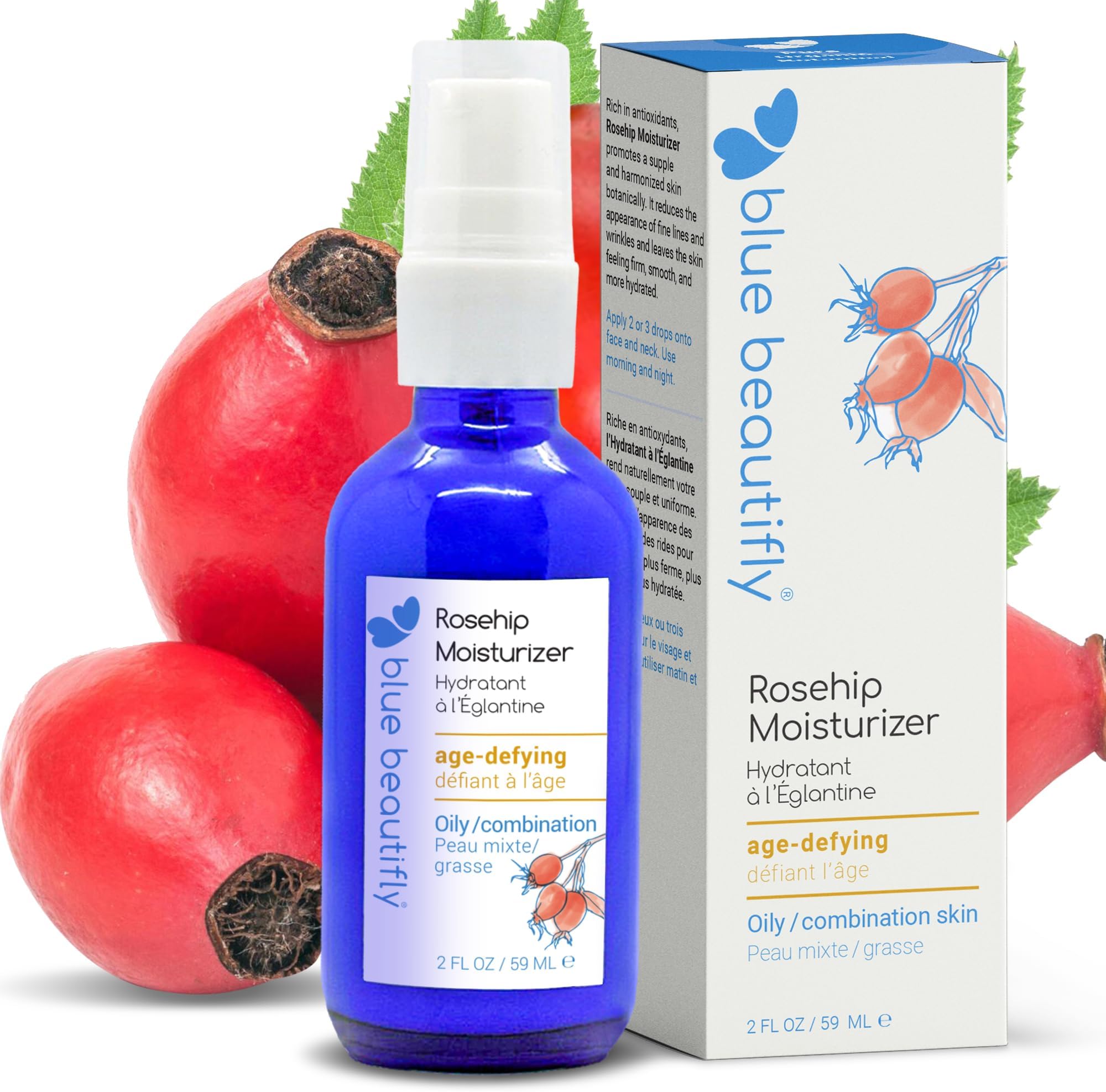 Blue Beautifly Rosehip Face Moisturizer - Restores Elasticity, Boosts Collagen, and Protects the Skin - Hyaluronic Acid Moisturizer Super-Charged with Ribose, and Marine Pine Bark Extract - 2 fl oz