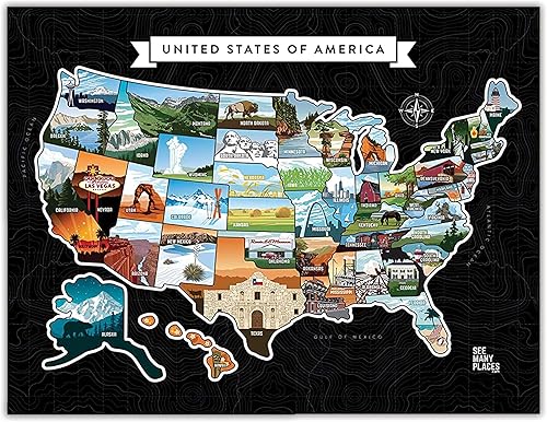 Mapa de Estados Unidos para raspar con texto en inglés See Many Plazes, póster enmarcado de 20 x 16 pulgadas, mapa de viaje de Estados Unidos con