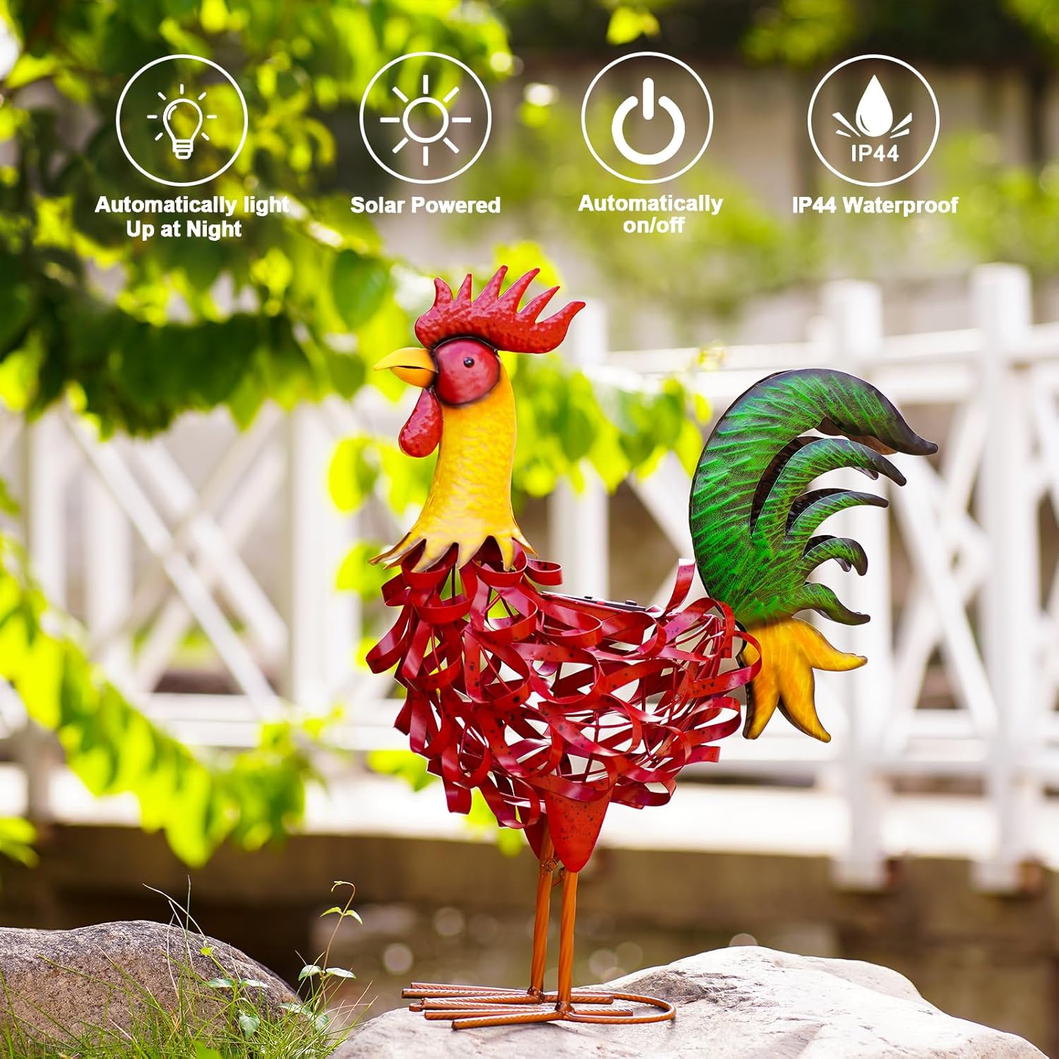 Solar Rooster Statue Garden Decor - 21.7 Inch Yard Decor & Perfect Rooster Gifts for Women, Outdoor/Indoor Red Rooster Decor - Stylish Metal Design (Rooster)
