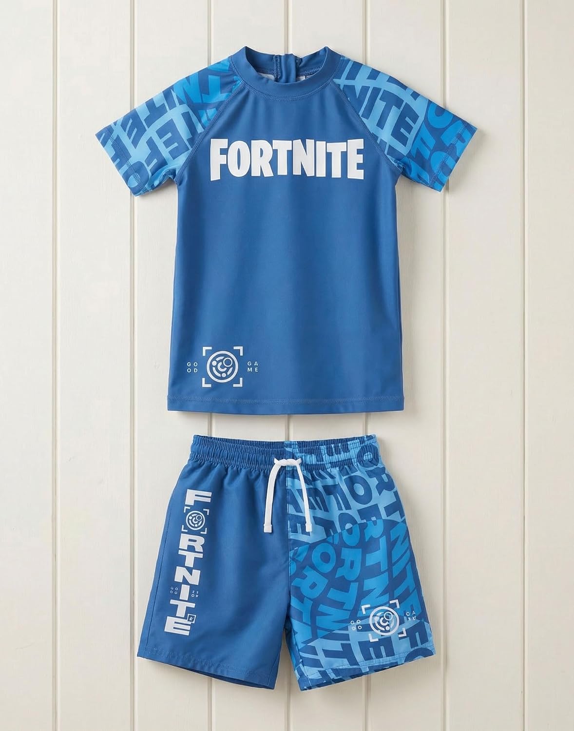 Fortnite Boys Blue 2 Piece Swim Set | Raglan Tee & Drawstring Shorts Beachwear | Holiday & Poolside Swimming Costume