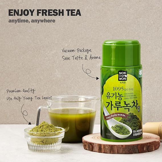 [Nokchawon] Organic Korean Green Tea Powder - 100% Unsweetened Matcha for Lattes, Smoothies and Baking - USDA Organic Premium Culinary Grade Green Tea - 1.77 oz