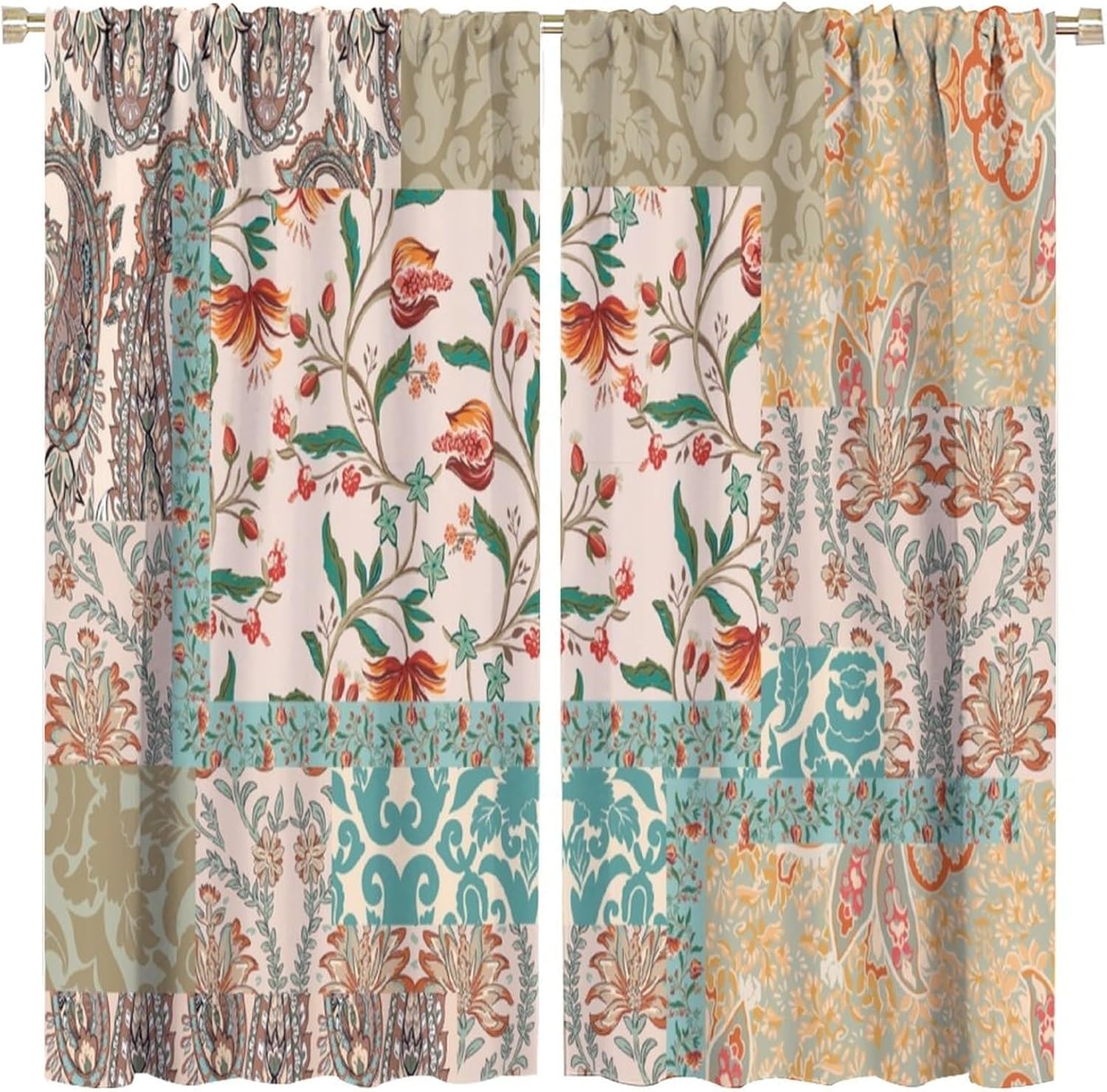 Boho Patchwork Curtains Vintage Floral Colorful Flowers Checkered Pattern Blackout Print Rod Pocket Window Drapes for Bedroom Living Room 42x54in