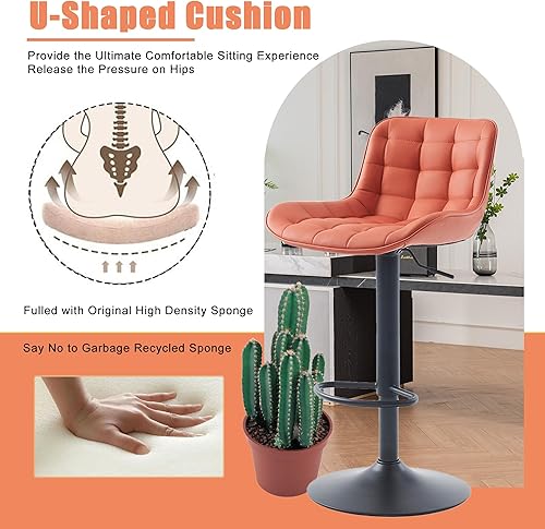 Miniatura 4 de YOUTASTE Juego de 2 taburetes de bar de altura de mostrador con respaldo, taburetes de bar tapizados de piel sintética, sillas de bar giratorias