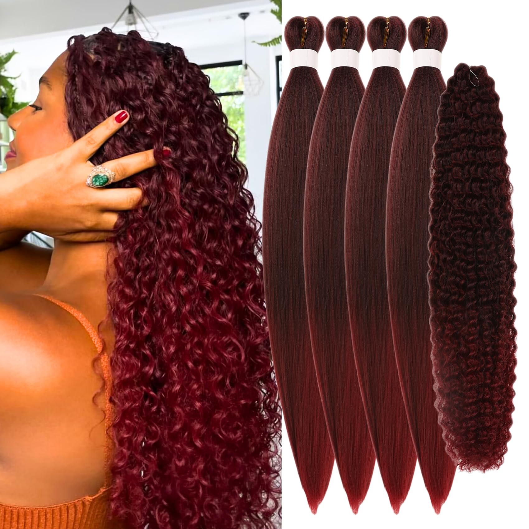 Photo 1 of Burgundy Braiding Hair Ombre 99j/900 Boho Curly Braids Hypoallergenic Pre Stretched Braiding Non Toxic Boho Deep Wave Synthetic Knotless