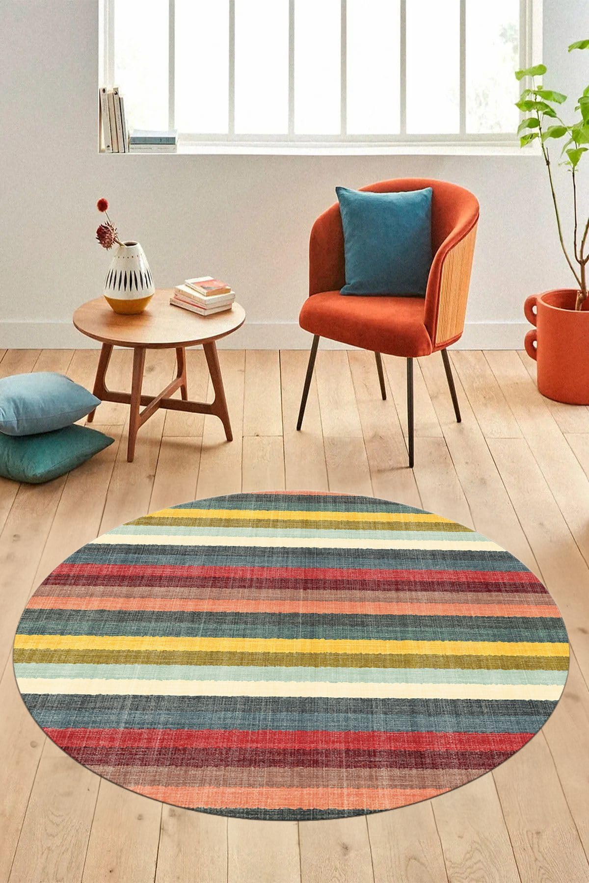 Evdeya Modern Kilim Desen Dijital Kaymaz Taban Yıkanabilir Yuvarlak Mutfak Salon Halısı Y-MODERN-25, Çok Renkli, 100 x 100
