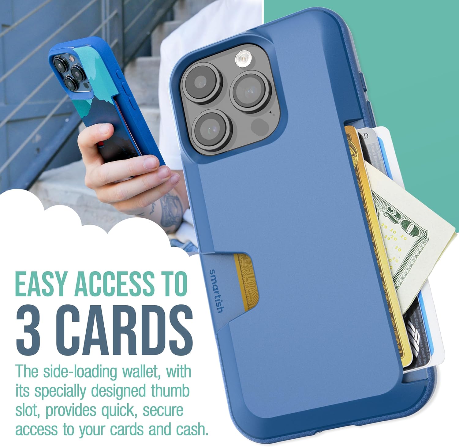 Smartish® iPhone 15 Pro Wallet Case - Wallet Slayer Vol. 1 [Slim + Protective] Credit Card Holder - Drop Tested Hidden Card Slot Cover Compatible with Apple iPhone 15 Pro - Blues on The Green - Image 2