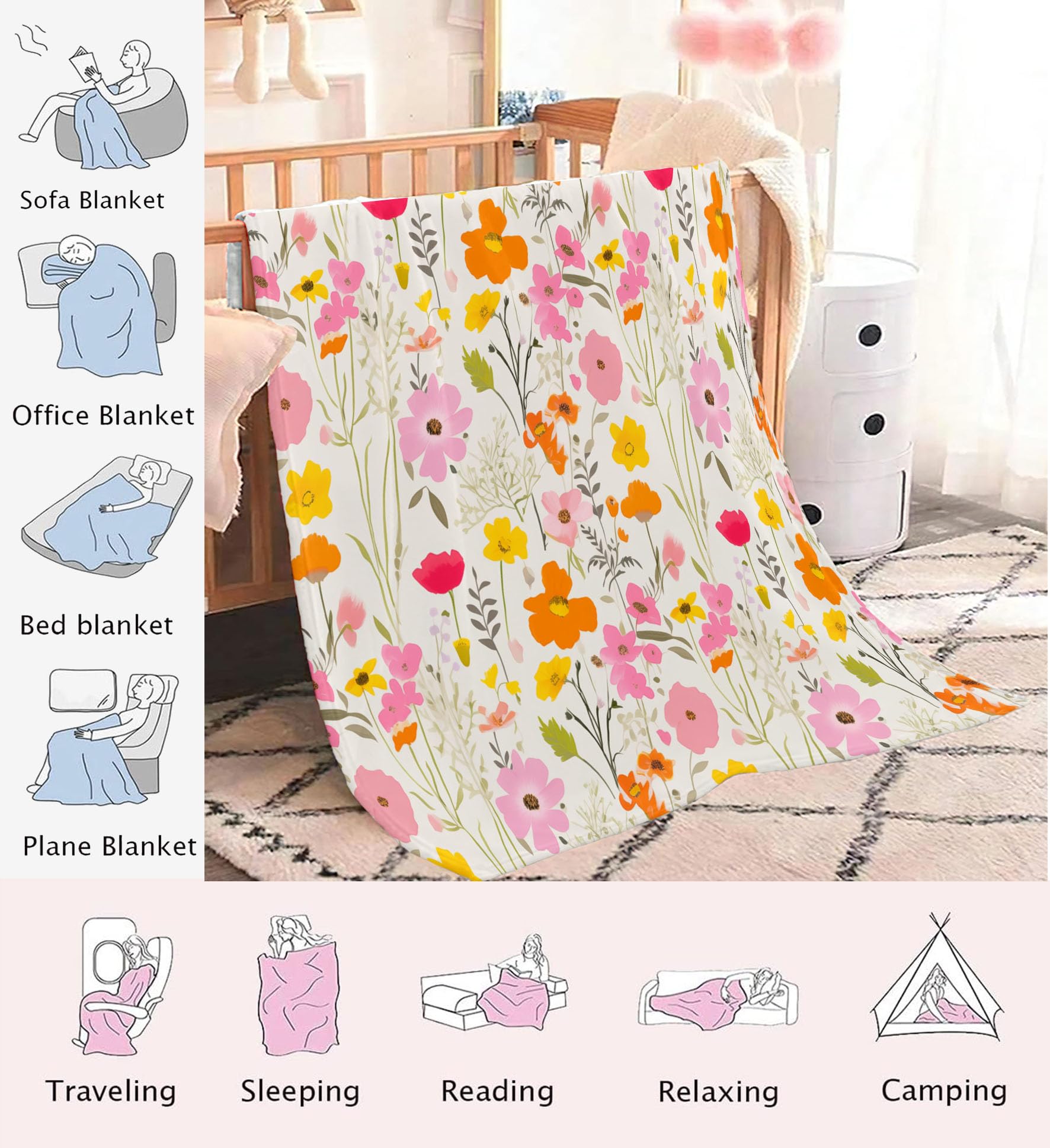 Manta De Floral Lindo, Manta Ligera De Forro Polar con Plantas De Estilo Nórdico para Niños Mujeres, Beige Mantas De Franela Suaves, Sábana Cálida Adecuada para Invierno, 200X200Cm