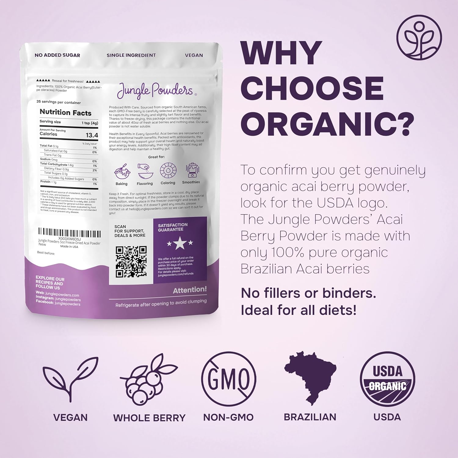 Jungle Powders Organic Acai Powder 5 Ounce Bag Freeze Dried Acai Berry Powder from Whole Berries, Antioxidant-Rich Acai Powder Organic for Smoothie Bowls, Acai Berries Superfood Smoothie Powder - Image 6