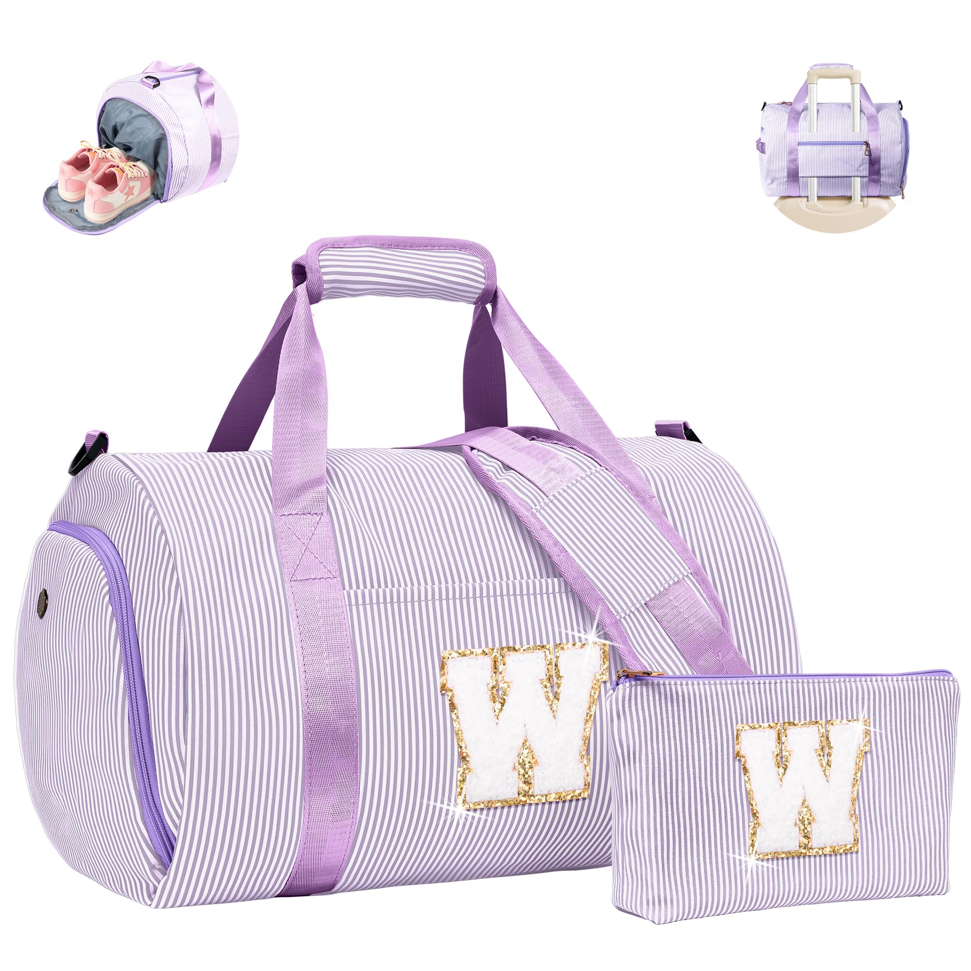 Vogewood Gift for Teenager, Girls Travel Duffle Bag, Kids Initial Overnight Duffel Bags with Shoe Compartment, Personalized Weekender Bag with Makeup Pouch, Teen Girl Gifts Trendy Stuff, Purple, W — image 1